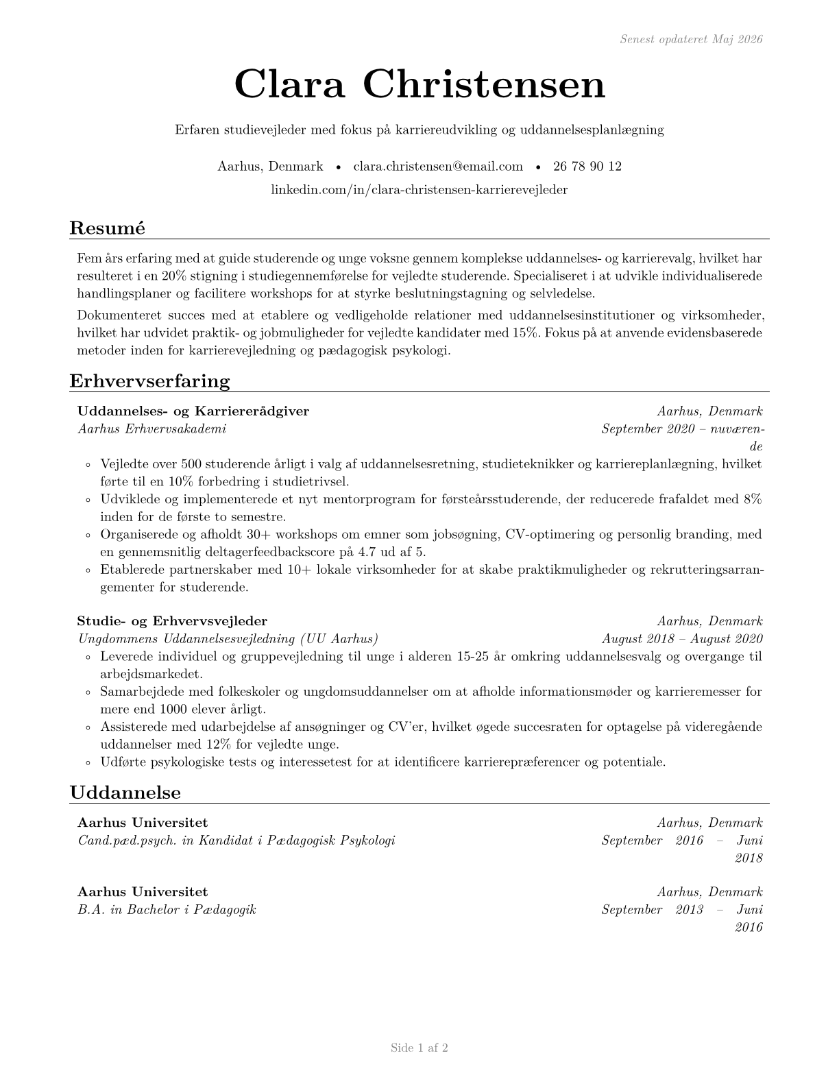Educational, Guidance, and Career Counselors and Advisors CV in Danish — page 1