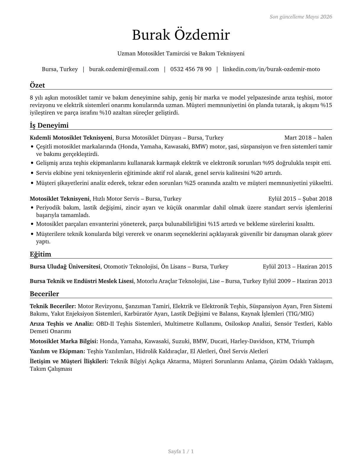 Motorcycle Mechanics CV in Turkish — page 1