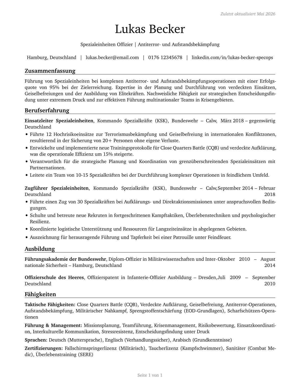 Special Forces Officers CV in German — page 1