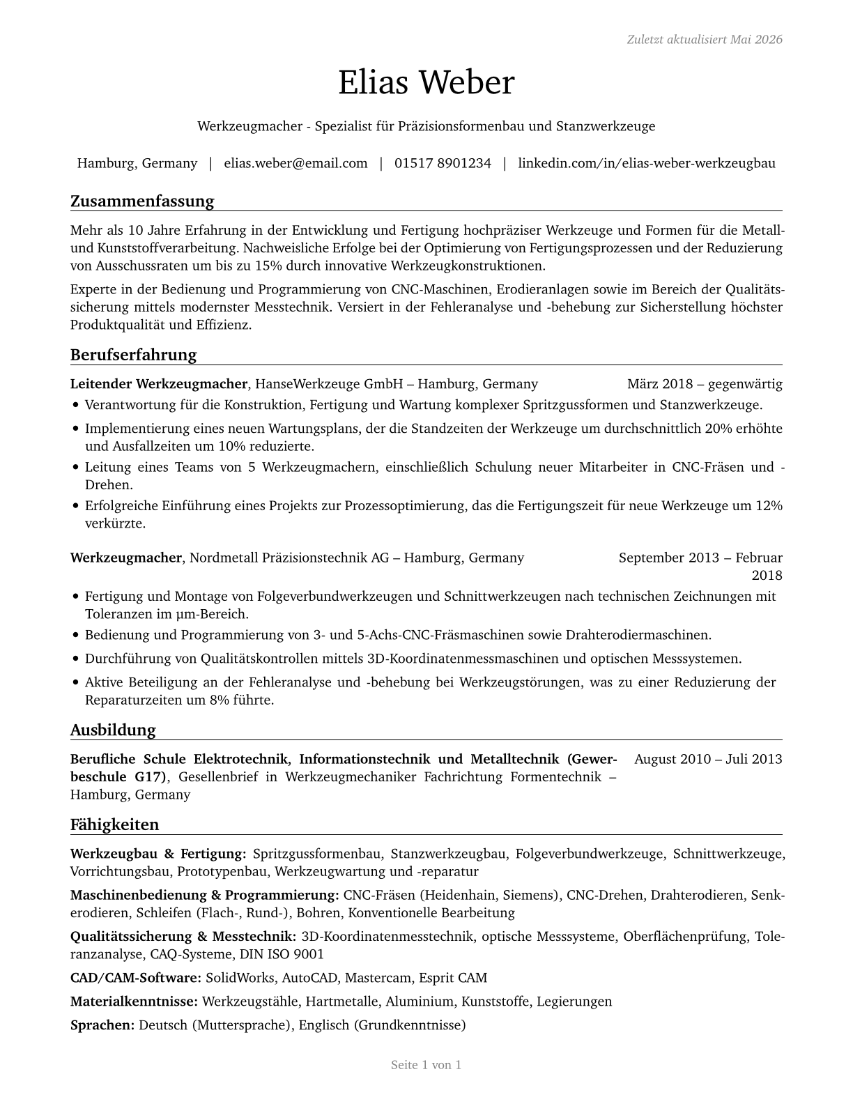 Tool and Die Makers CV in German — page 1