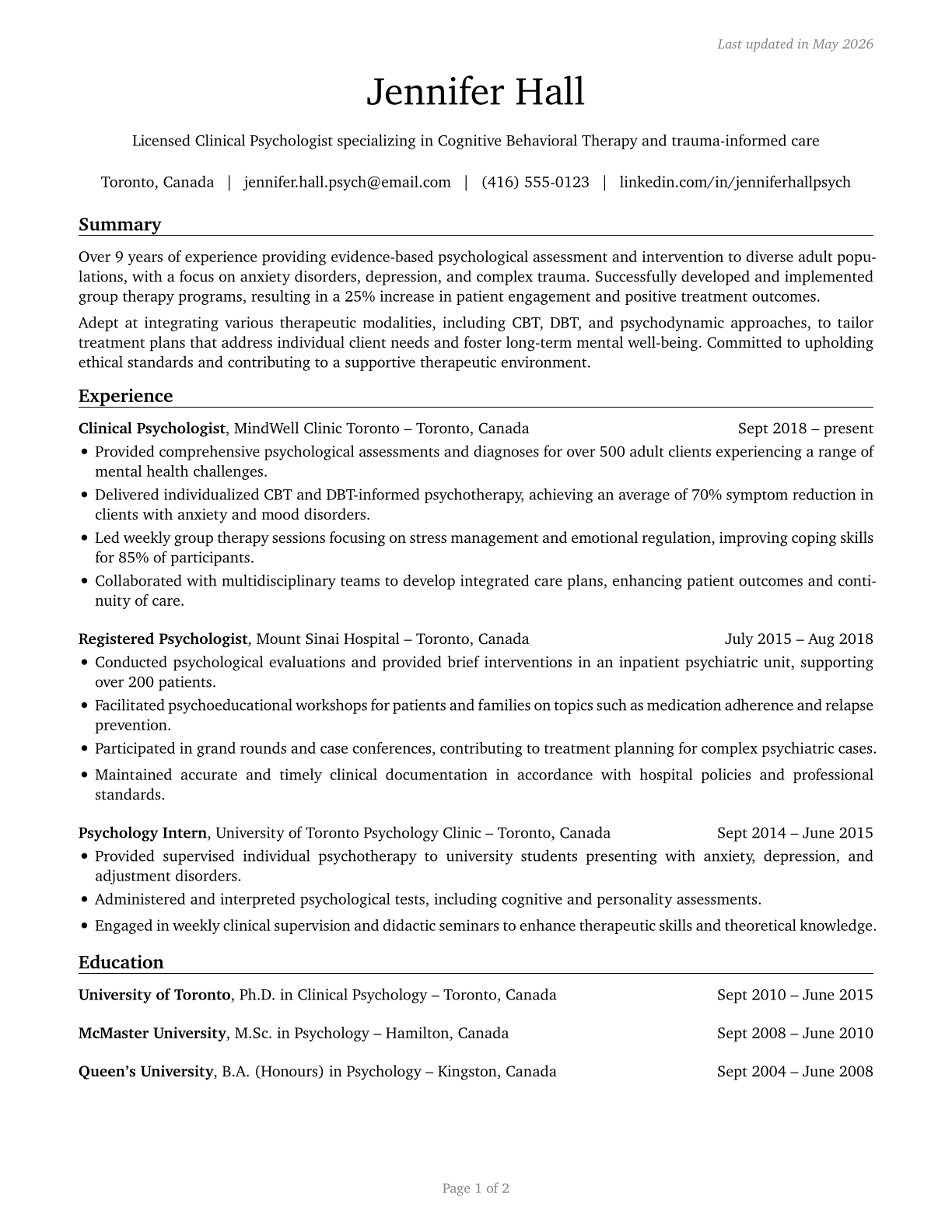 Clinical and Counseling Psychologists CV in English — page 1