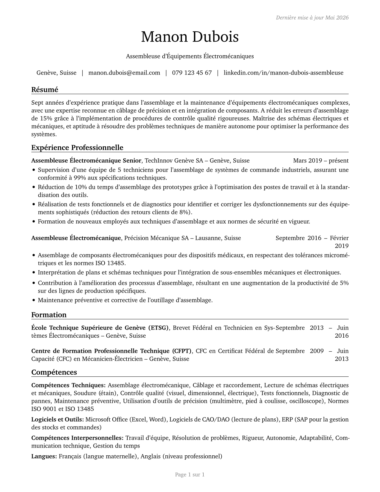Electromechanical Equipment Assemblers CV in French — page 1