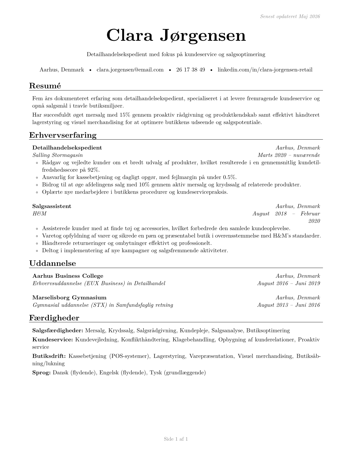Retail Salespersons CV in Danish — page 1