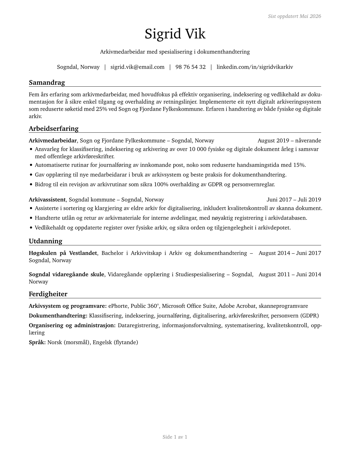 File Clerks CV in Norwegian_nynorsk — page 1