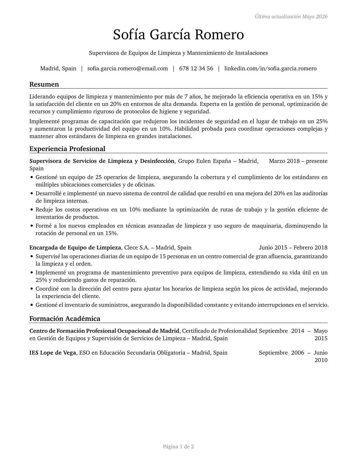 First-Line Supervisors of Housekeeping and Janitorial Workers CV in Spanish — page 1