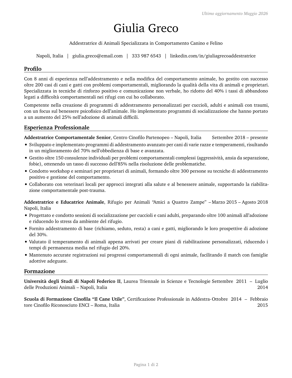 Animal Trainers CV in Italian — page 1