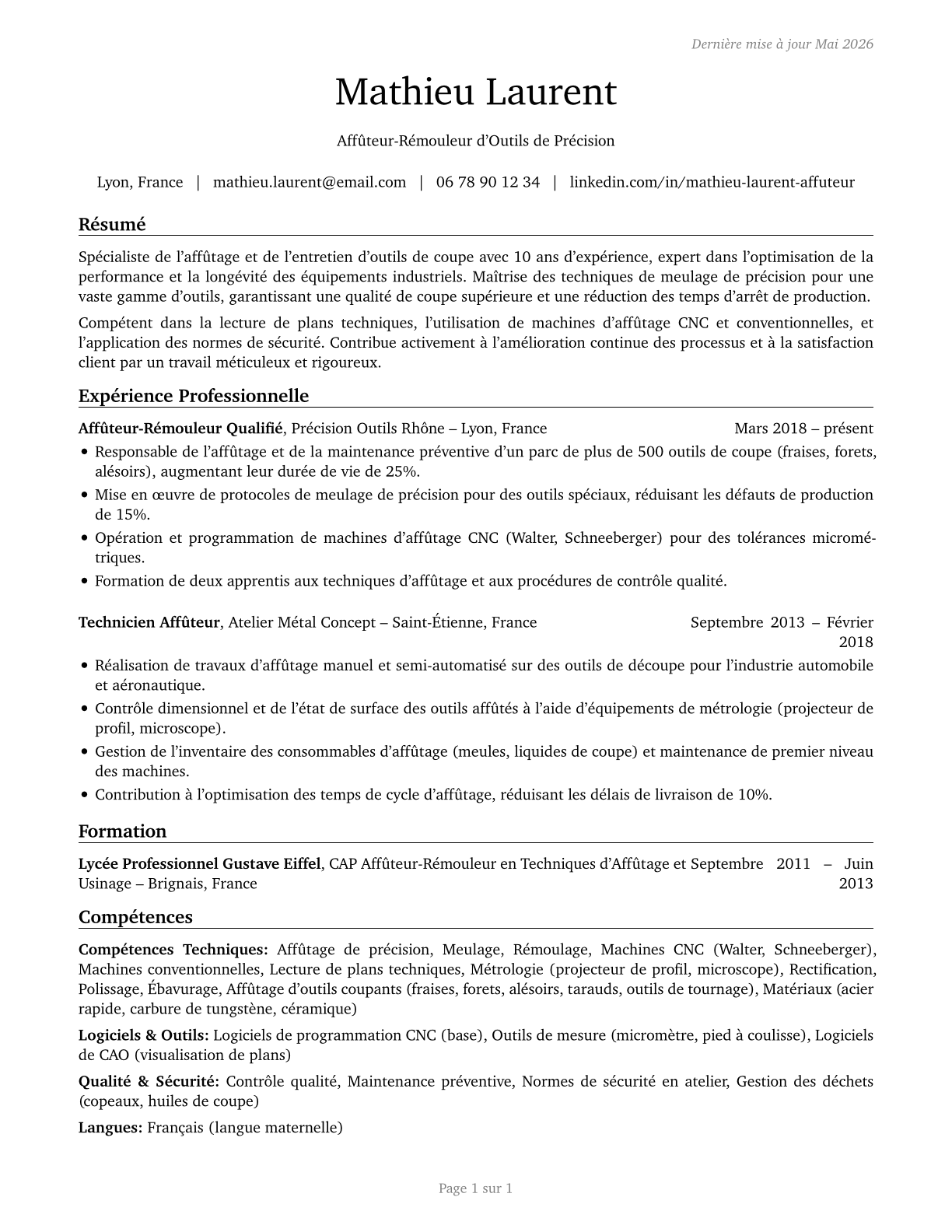 Tool Grinders, Filers, and Sharpeners CV in French — page 1