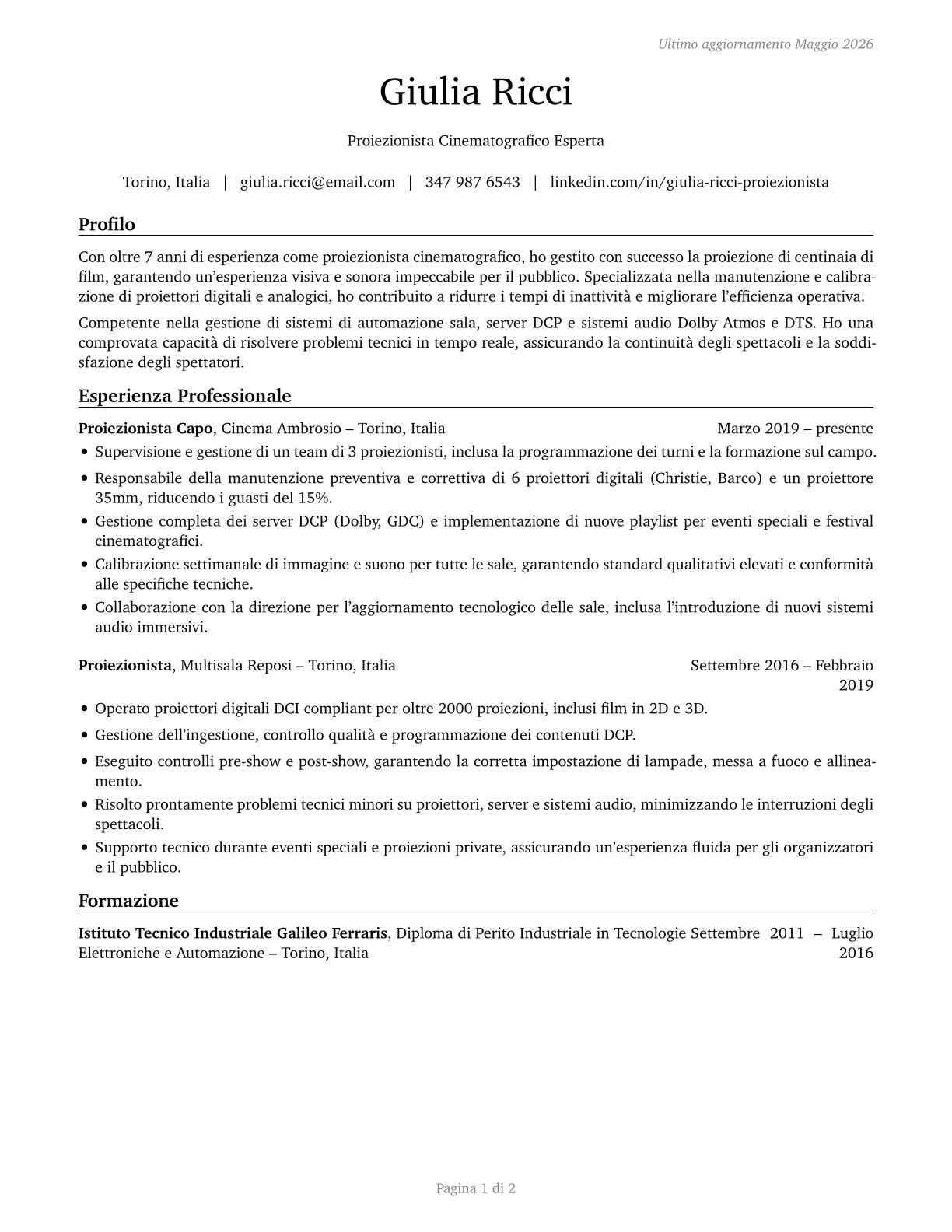 Motion Picture Projectionists CV in Italian — page 1