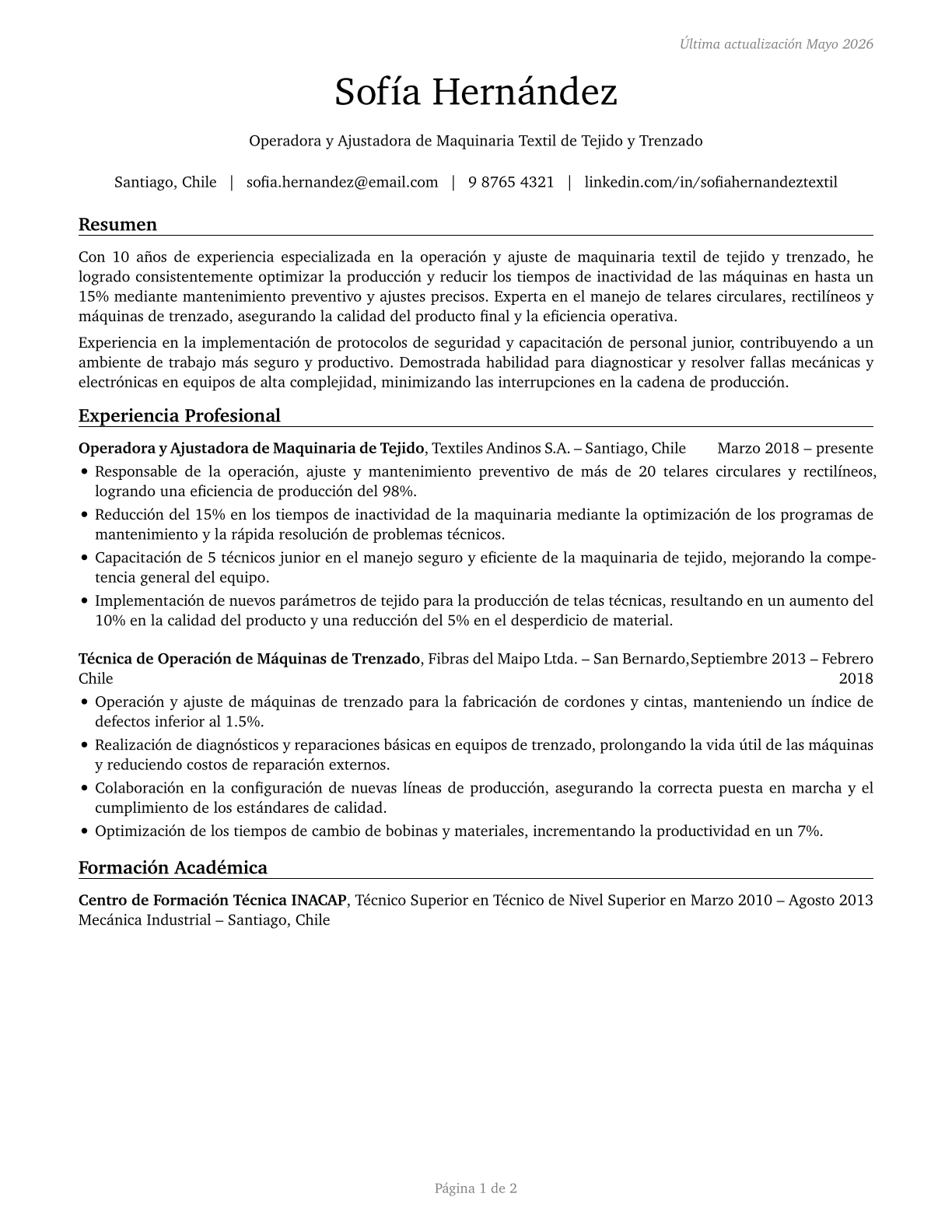 Textile Knitting and Weaving Machine Setters, Operators, and Tenders CV in Spanish — page 1