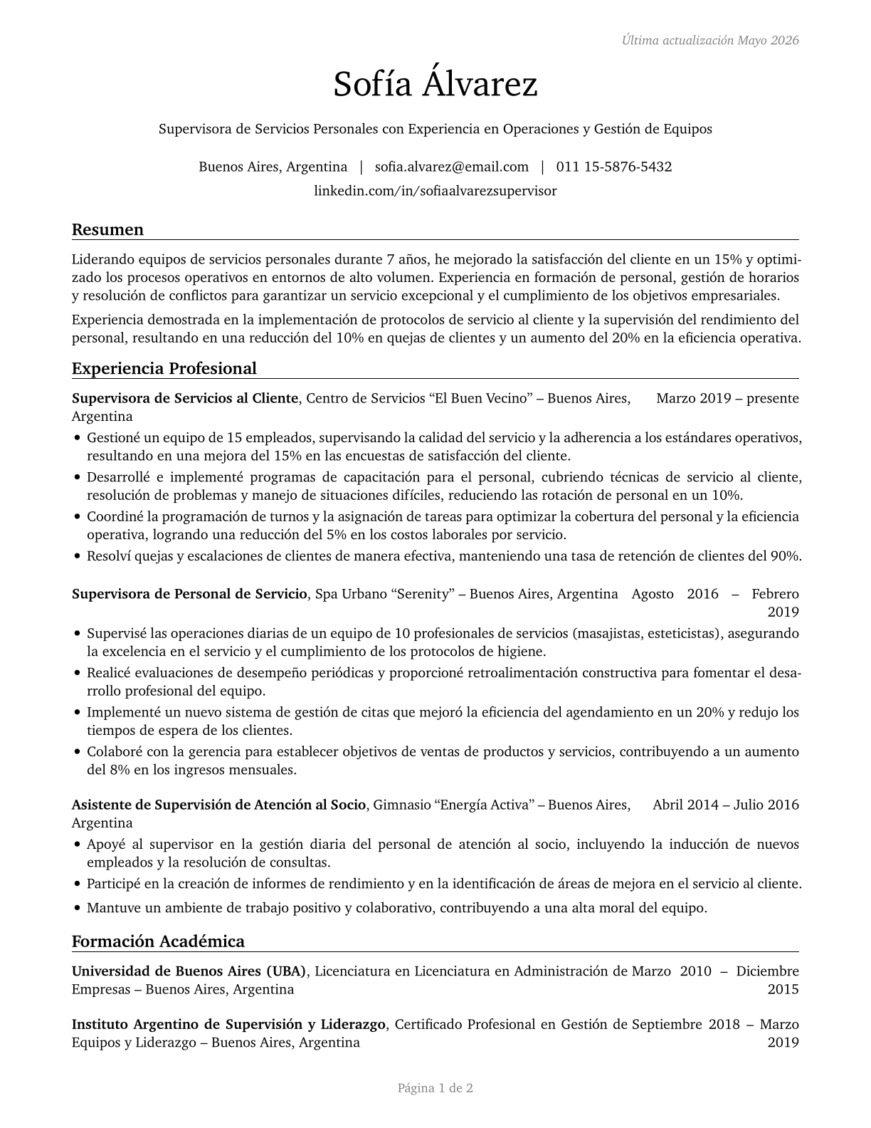 First-Line Supervisors of Personal Service Workers CV in Spanish — page 1