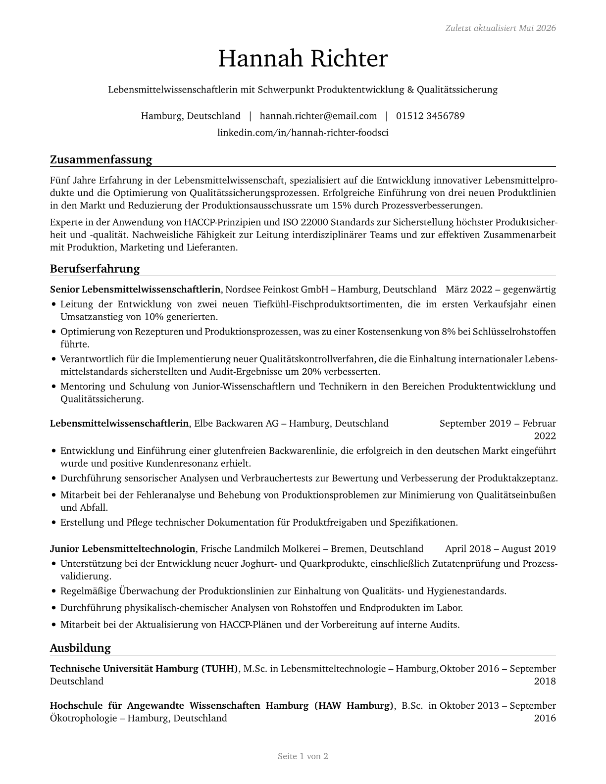 Food Scientists and Technologists CV in German — page 1