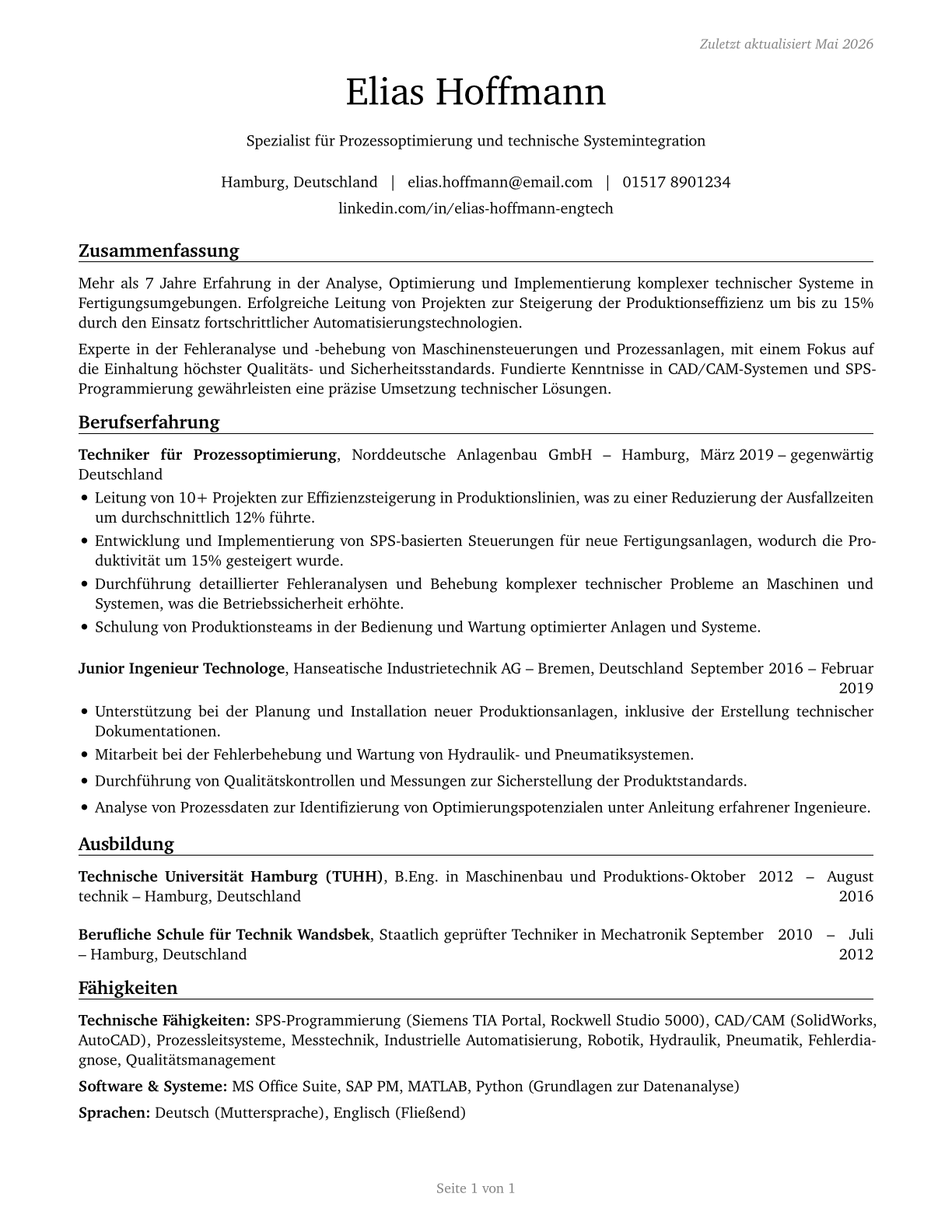 Engineering Technologists and Technicians, Except Drafters, All Other CV in German — page 1