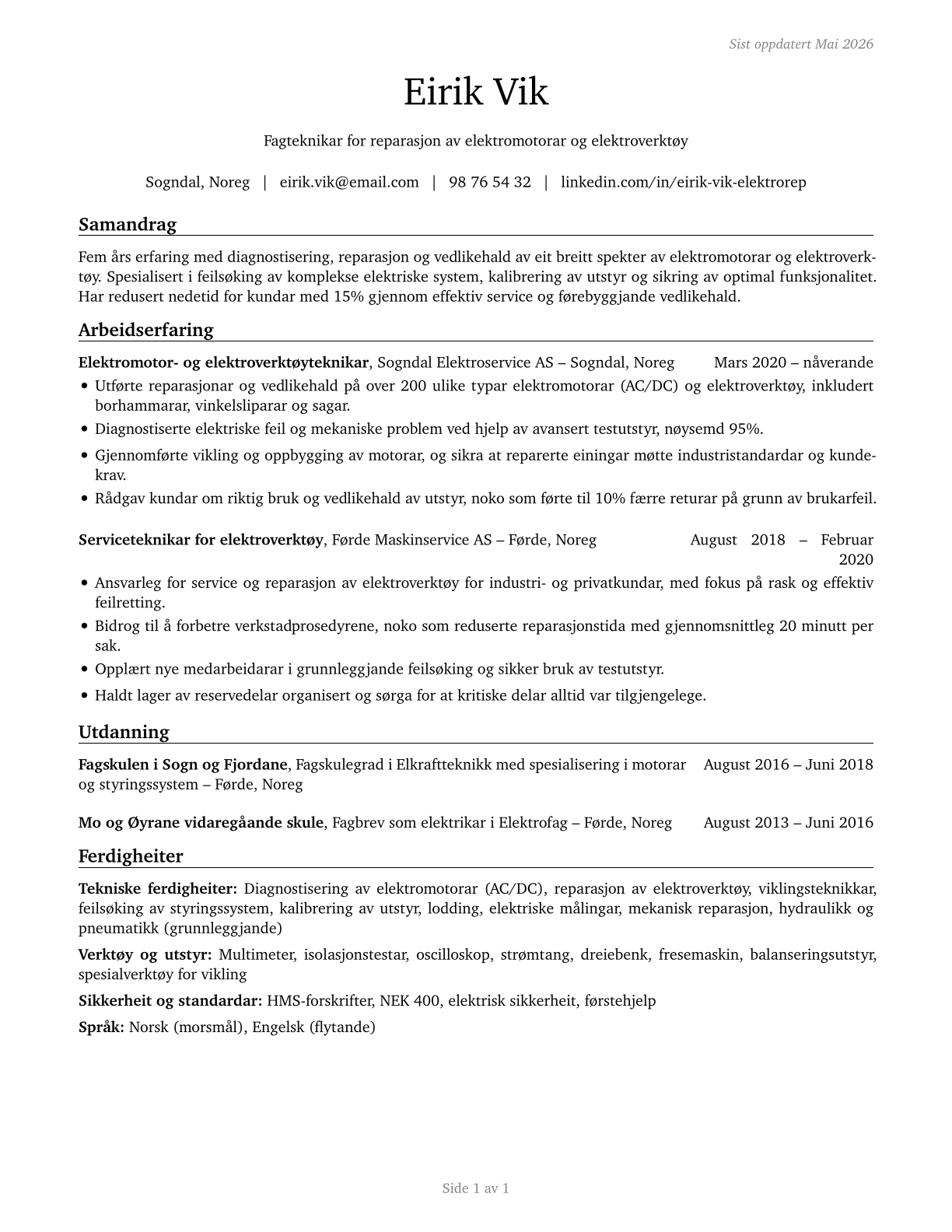 Electric Motor, Power Tool, and Related Repairers CV in Norwegian_nynorsk — page 1