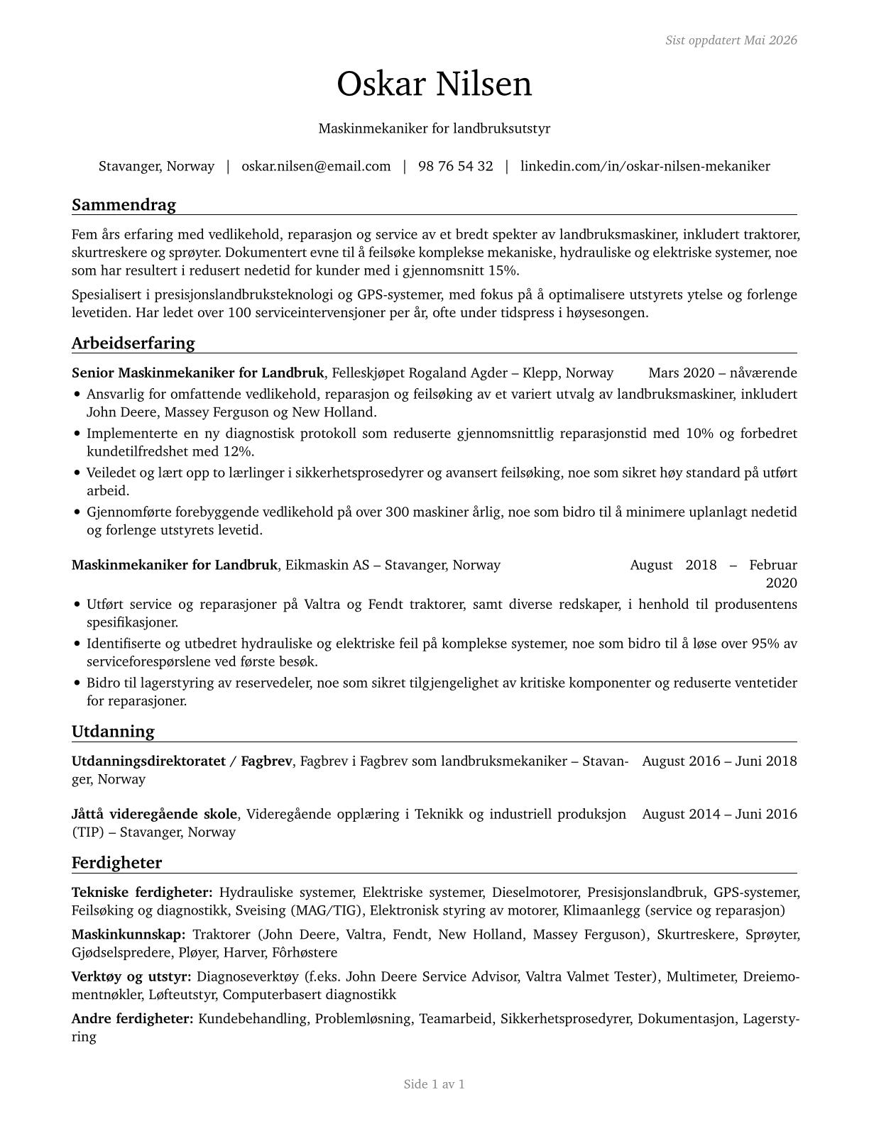 Farm Equipment Mechanics and Service Technicians CV in Norwegian_bokmal — page 1
