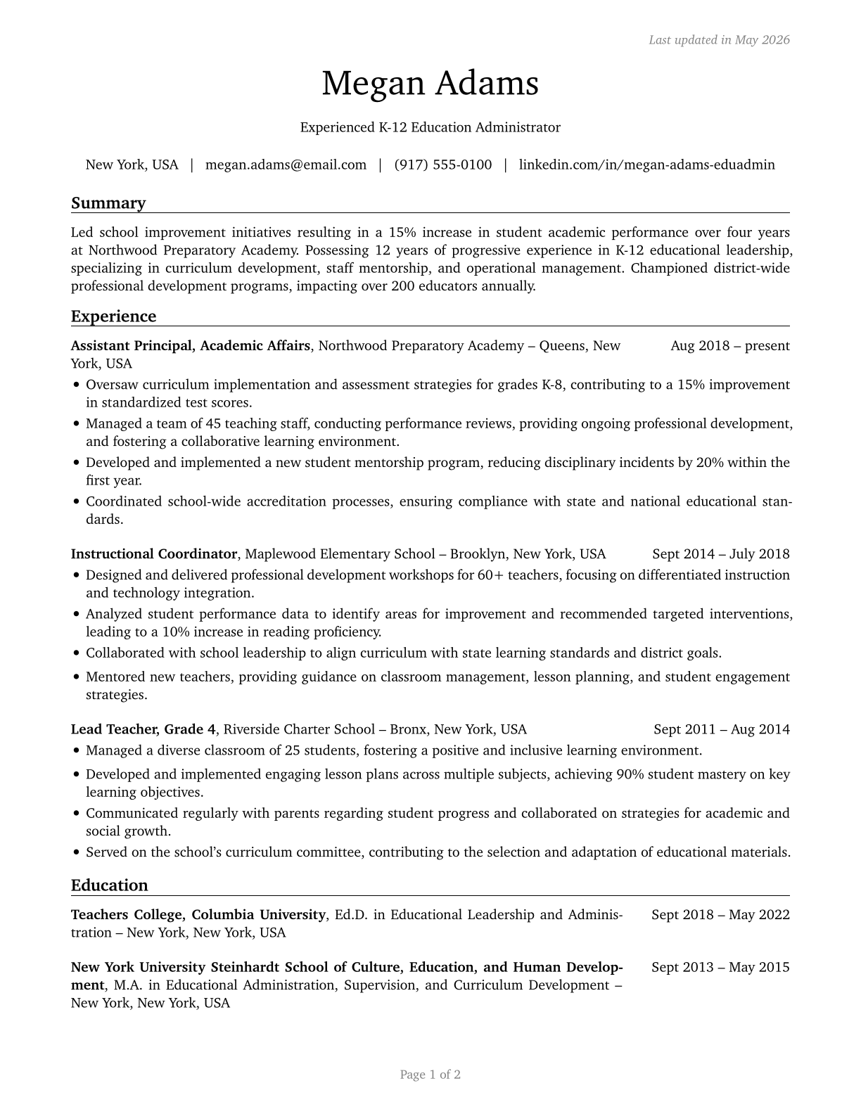 Education Administrators, Kindergarten through Secondary CV in English — page 1
