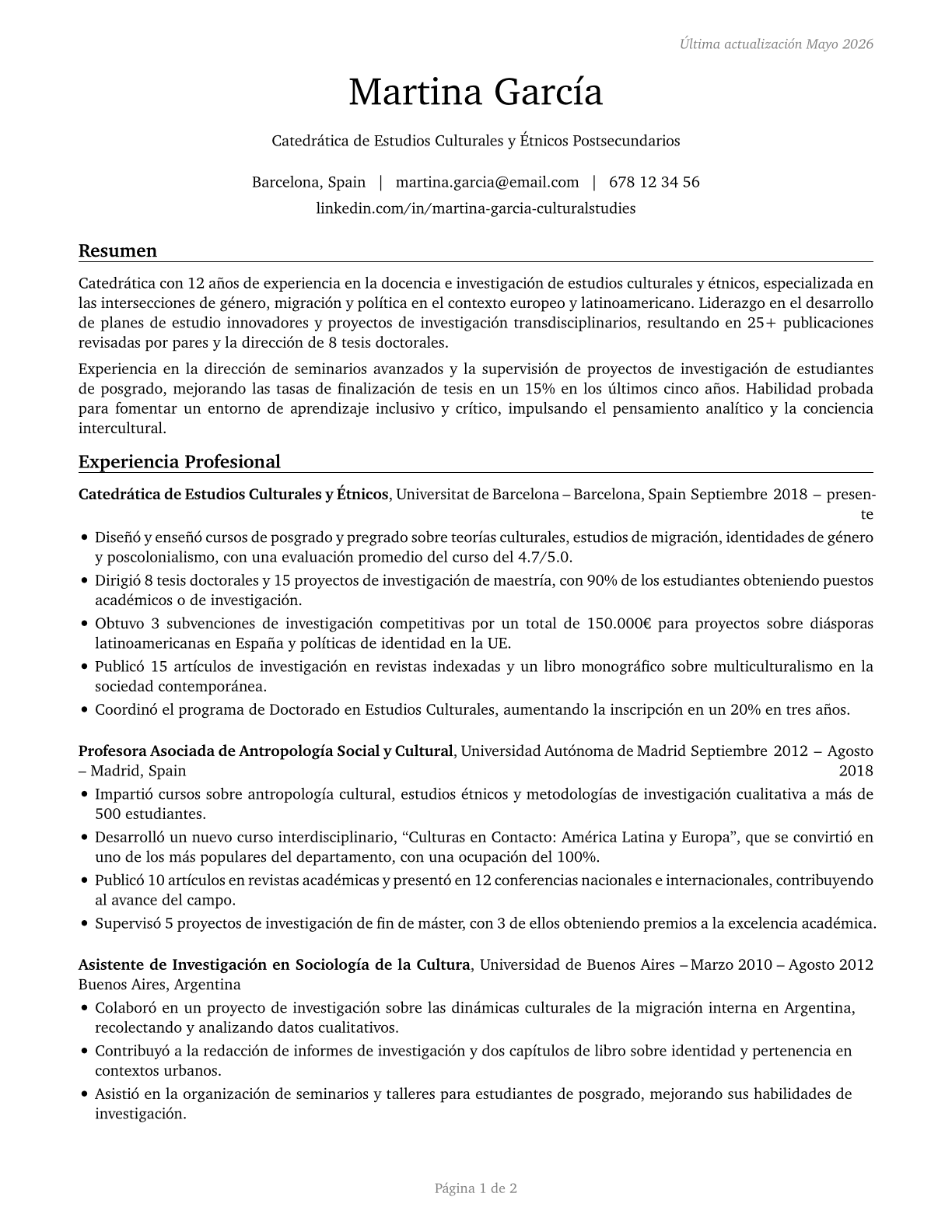 Area, Ethnic, and Cultural Studies Teachers, Postsecondary CV in Spanish — page 1