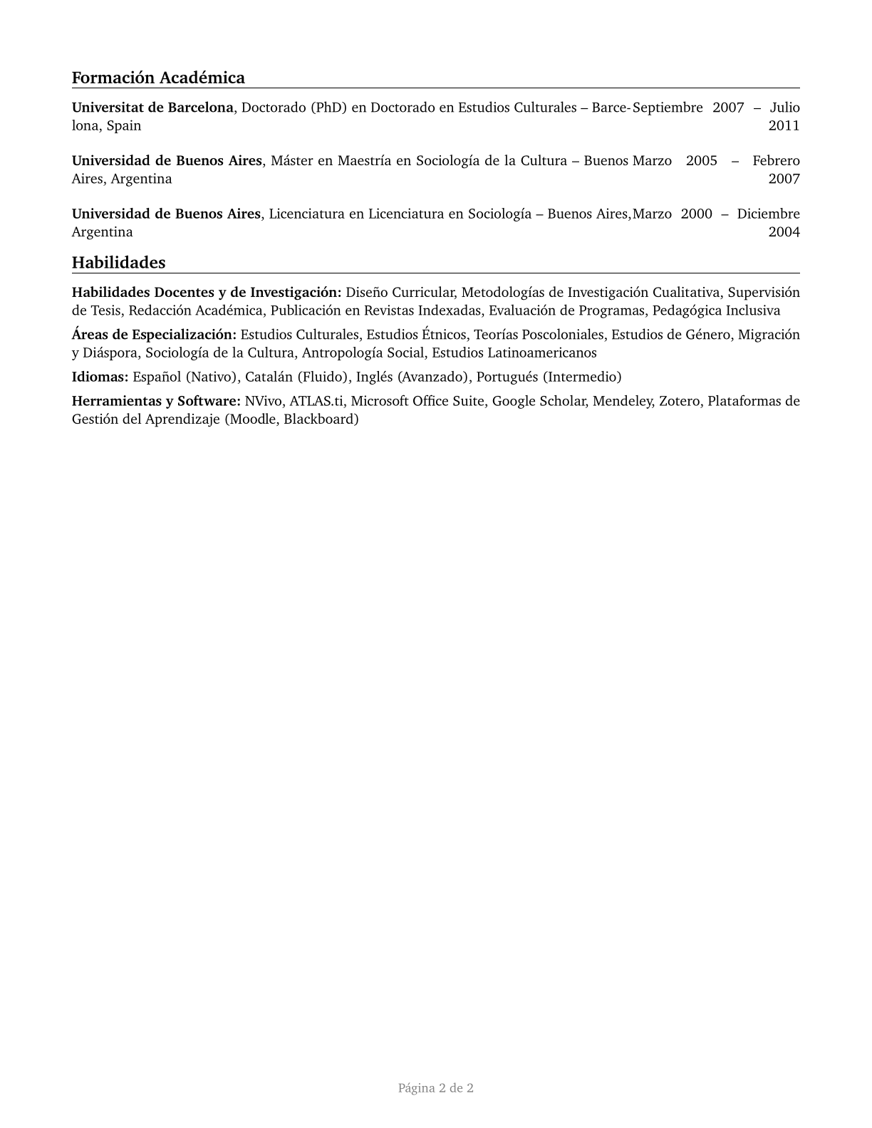 Area, Ethnic, and Cultural Studies Teachers, Postsecondary CV in Spanish — page 2