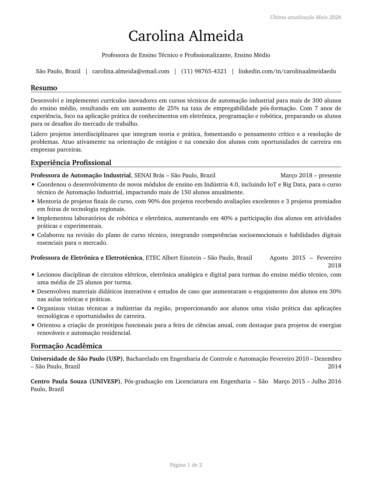 Career/Technical Education Teachers, Secondary School CV in Portuguese — page 1