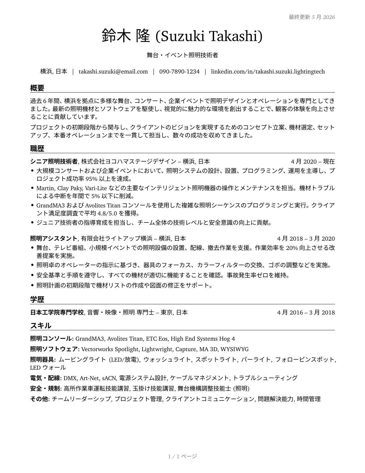 Lighting Technicians CV in Japanese — page 1