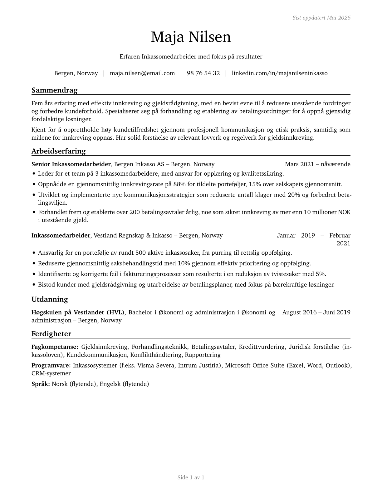 Bill and Account Collectors CV in Norwegian_bokmal — page 1