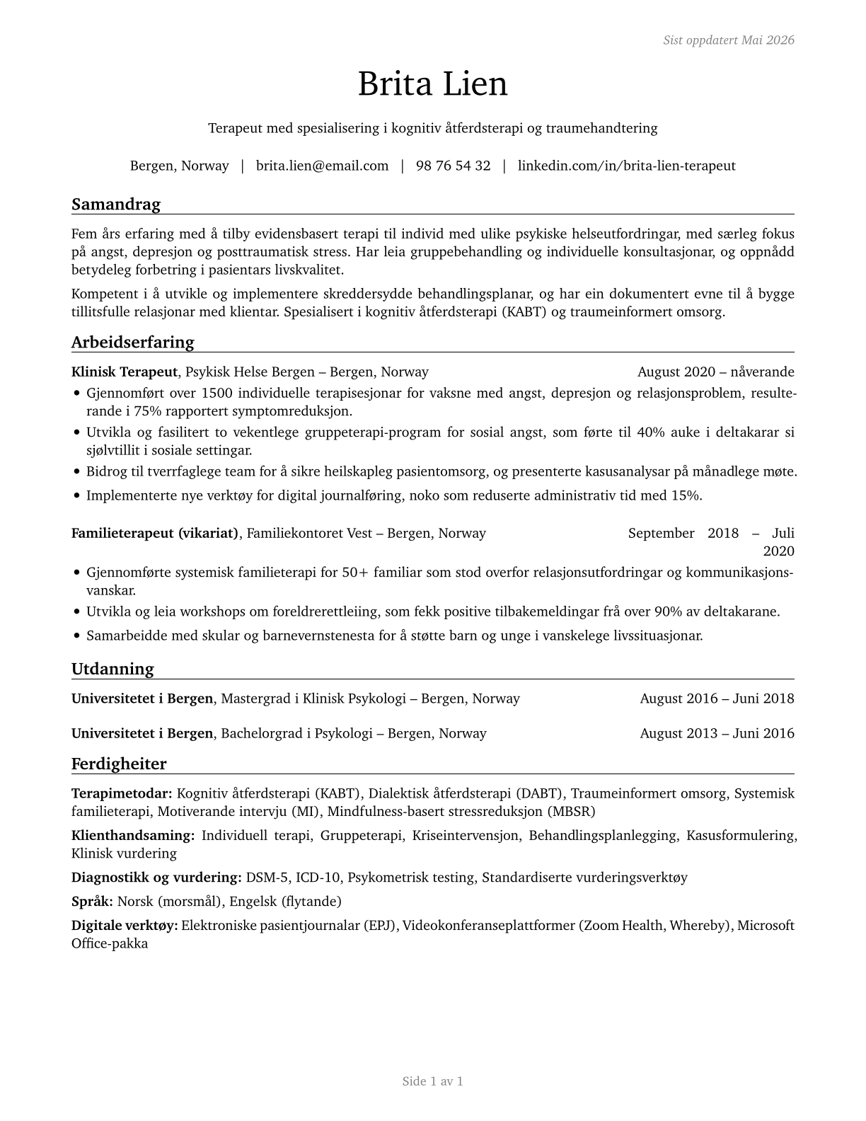 Therapists, All Other CV in Norwegian_nynorsk — page 1