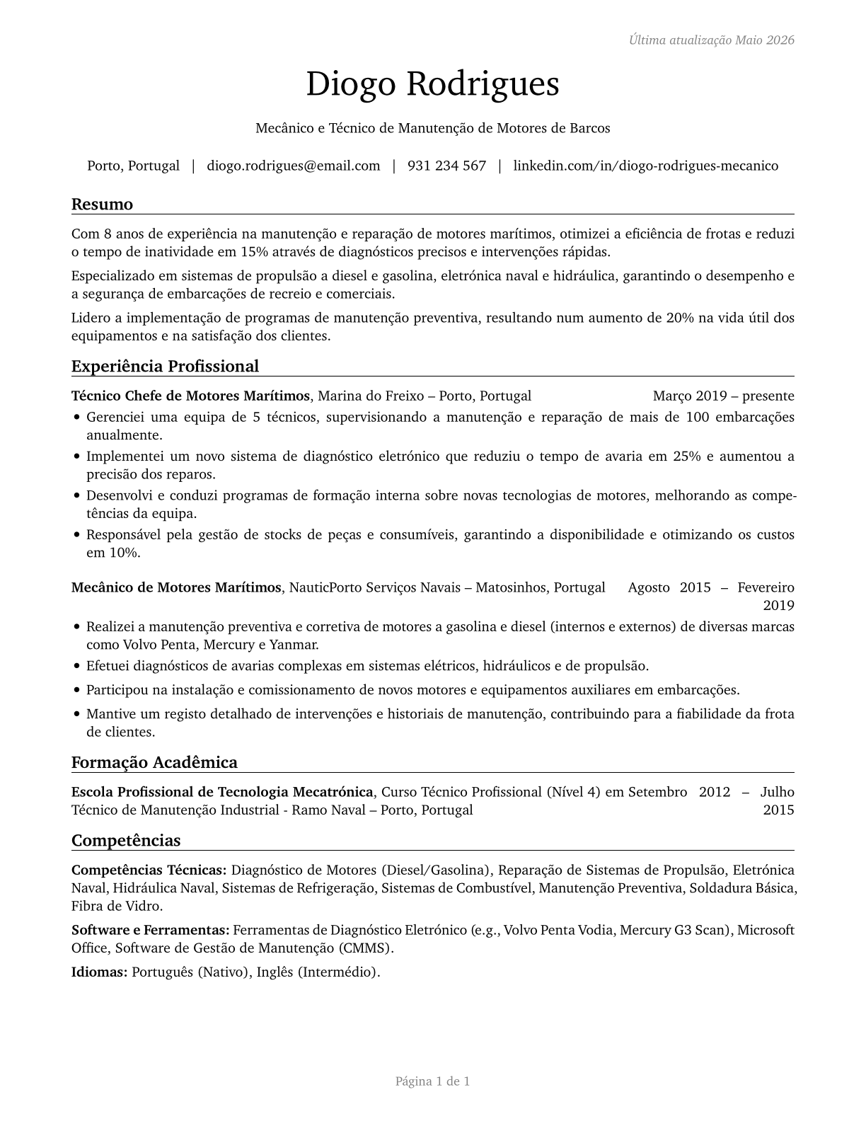 Motorboat Mechanics and Service Technicians CV in Portuguese — page 1