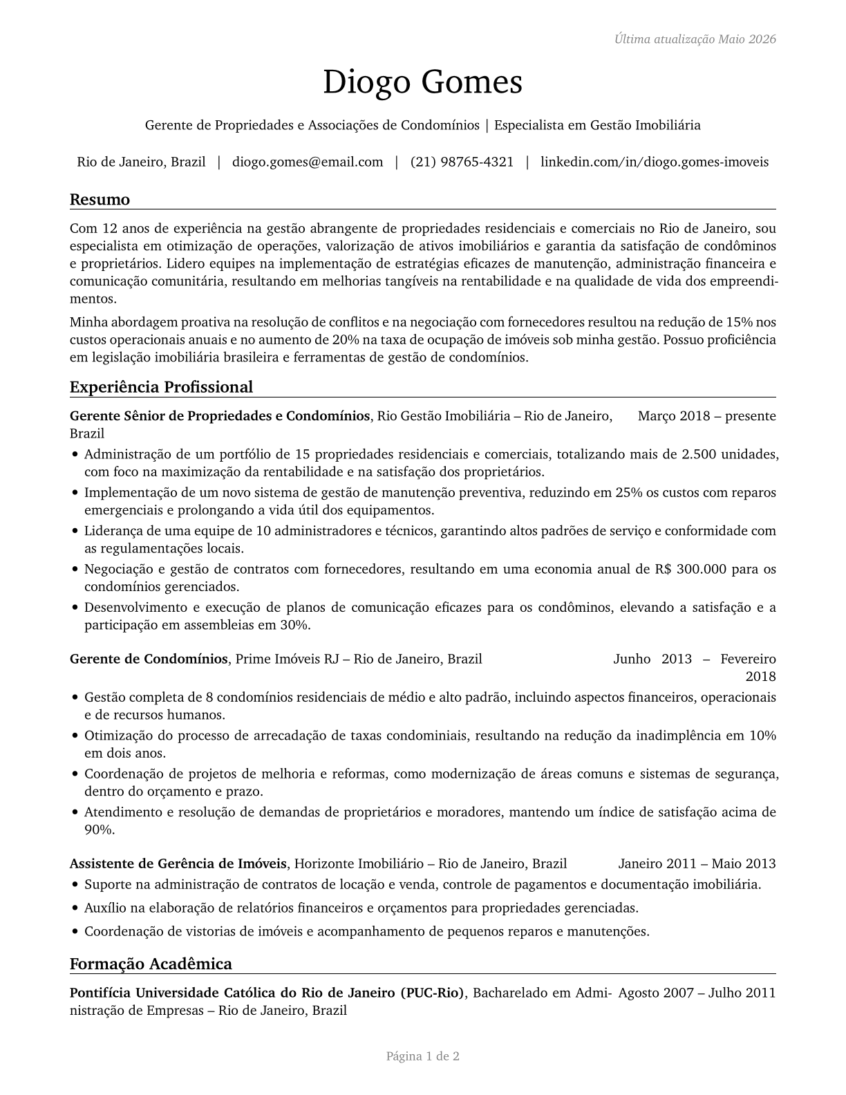Property, Real Estate, and Community Association Managers CV in Portuguese — page 1