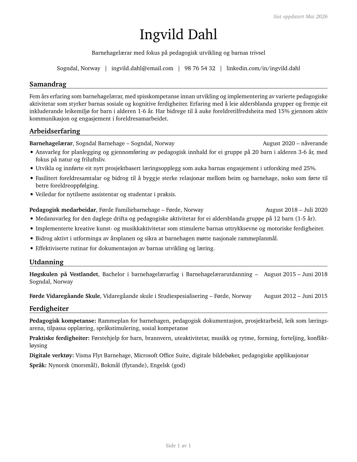 Kindergarten Teachers, Except Special Education CV in Norwegian_nynorsk — page 1
