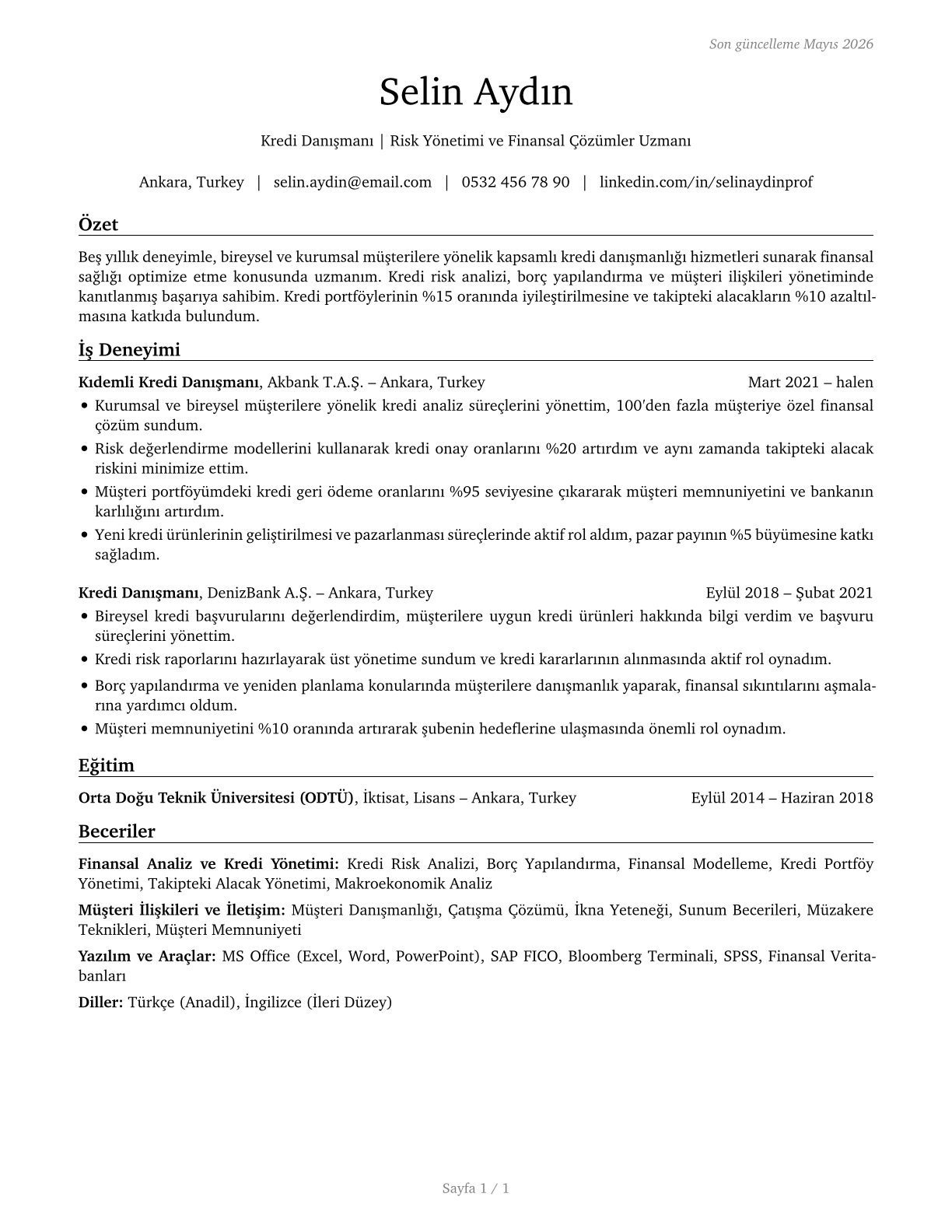 Credit Counselors CV in Turkish — page 1