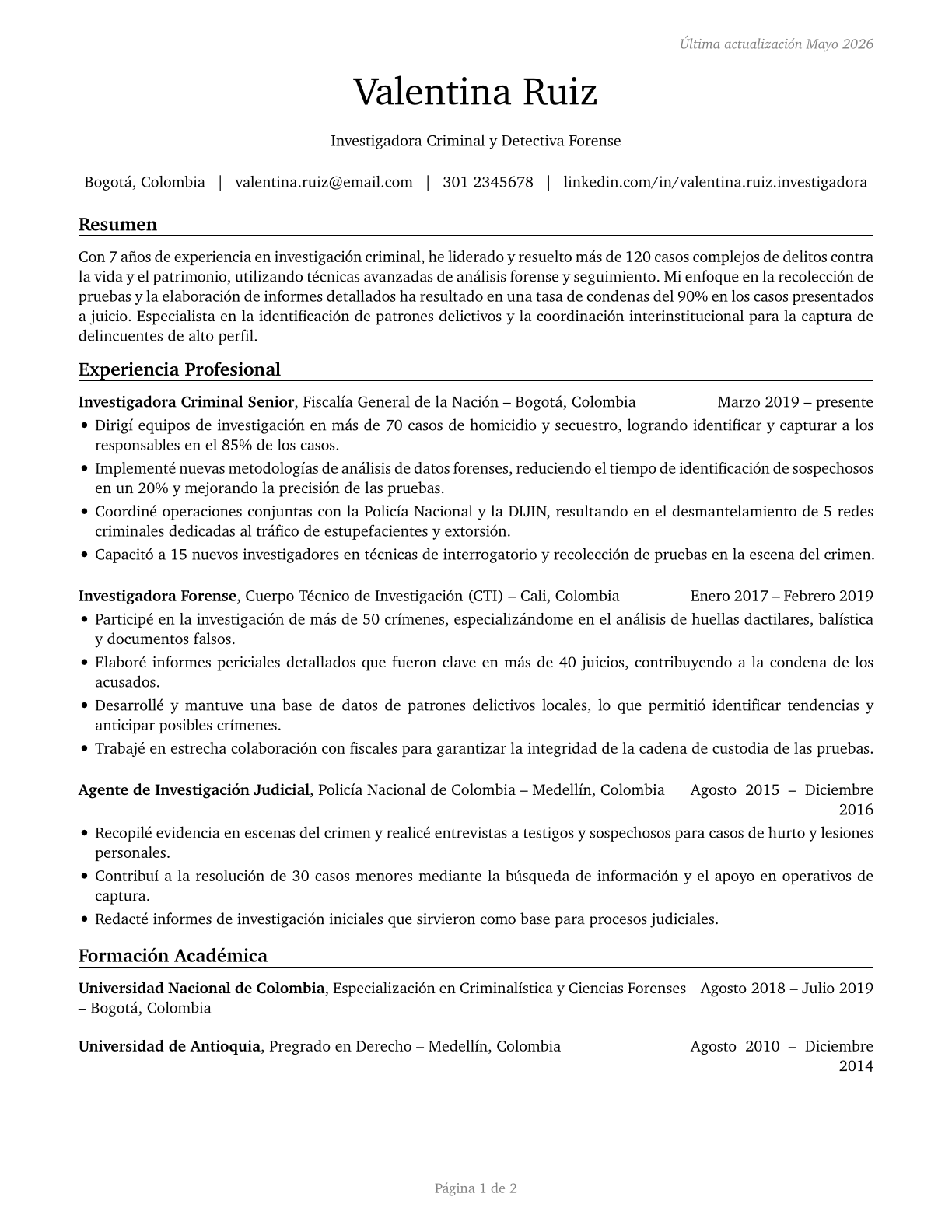 Detectives and Criminal Investigators CV in Spanish — page 1