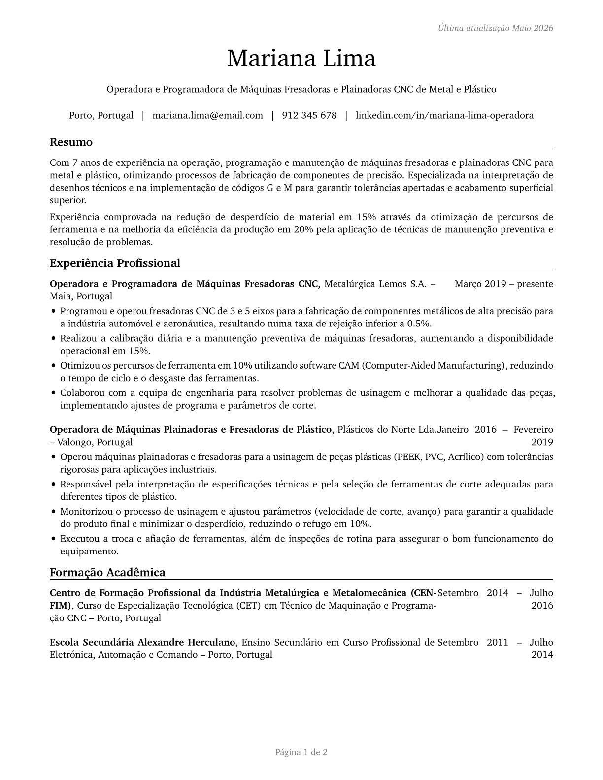 Milling and Planing Machine Setters, Operators, and Tenders, Metal and Plastic CV in Portuguese — page 1