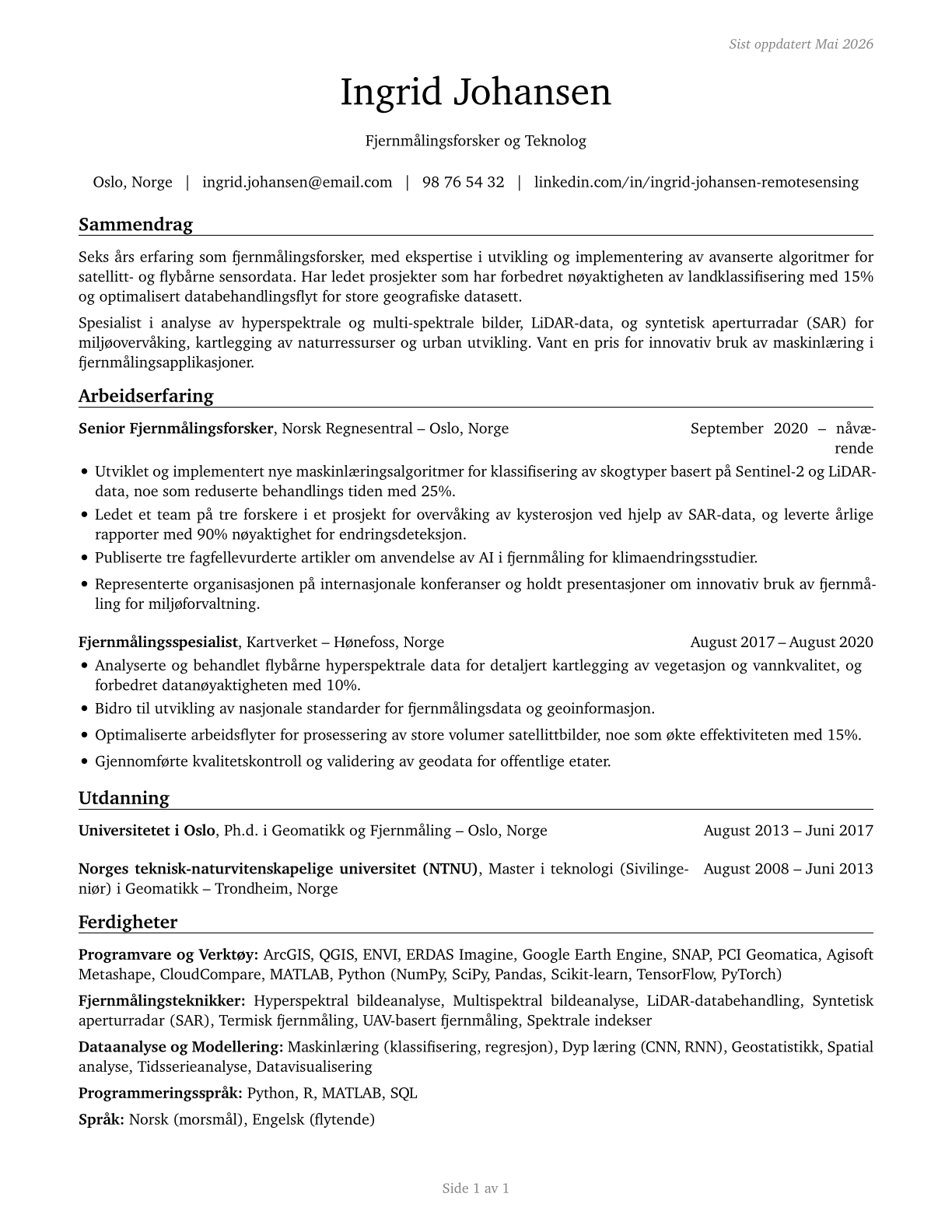 Remote Sensing Scientists and Technologists CV in Norwegian_bokmal — page 1