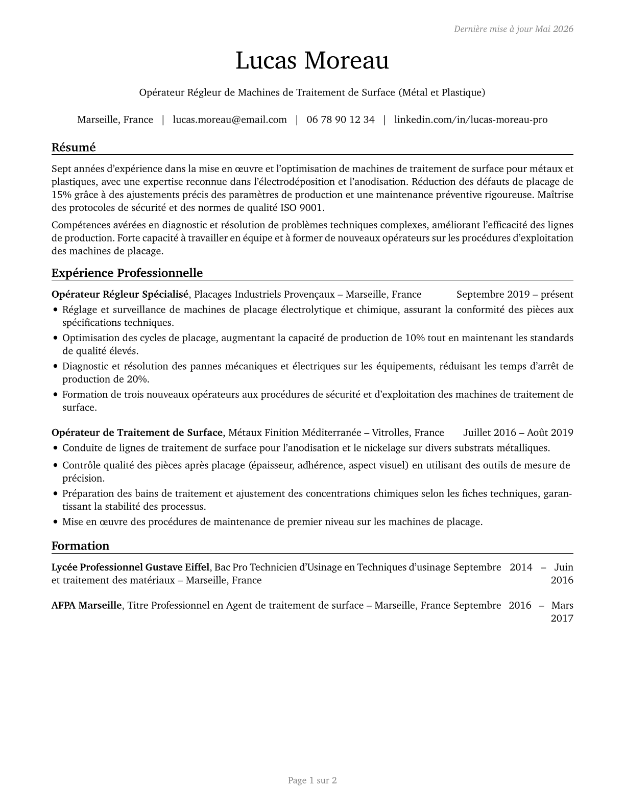 Plating Machine Setters, Operators, and Tenders, Metal and Plastic CV in French — page 1