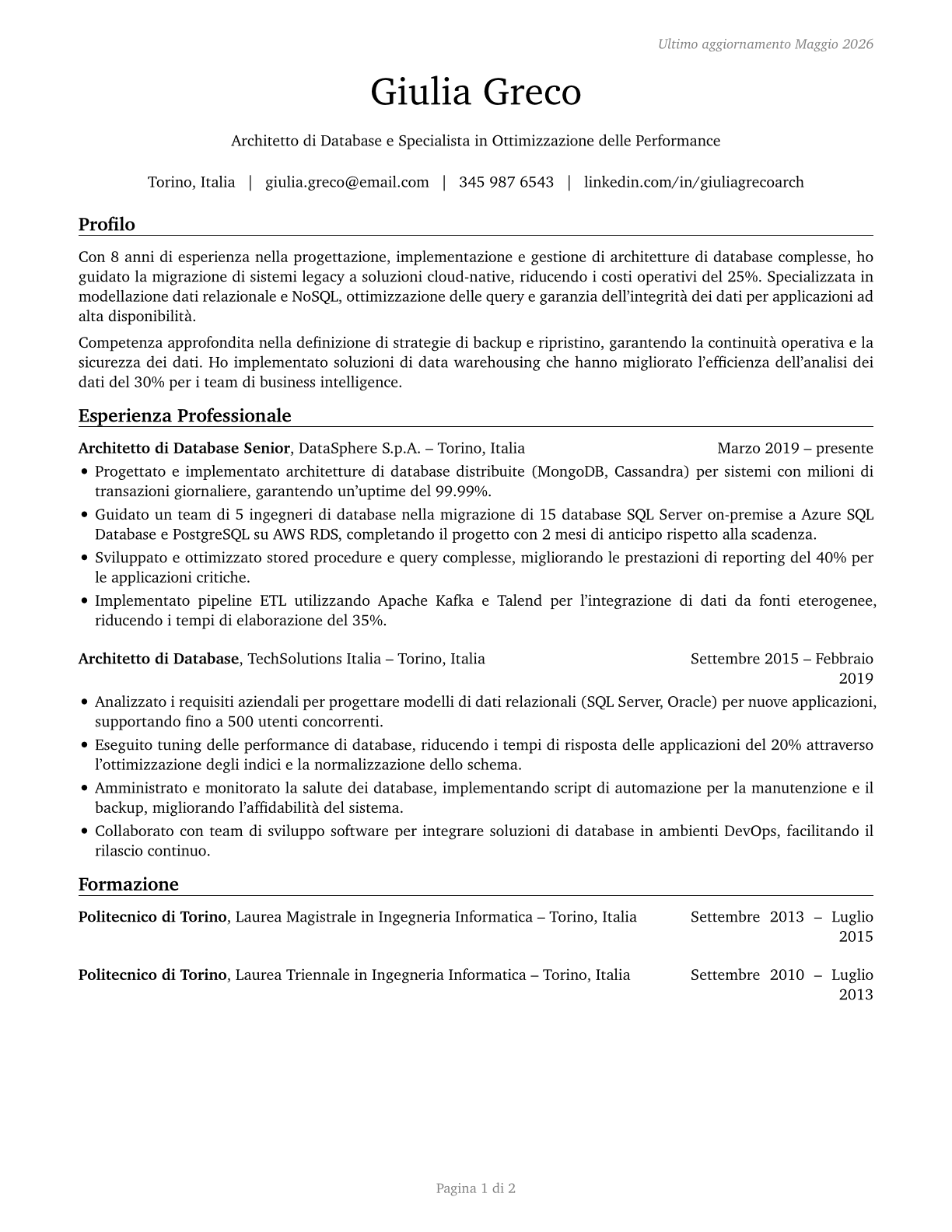 Database Architects CV in Italian — page 1