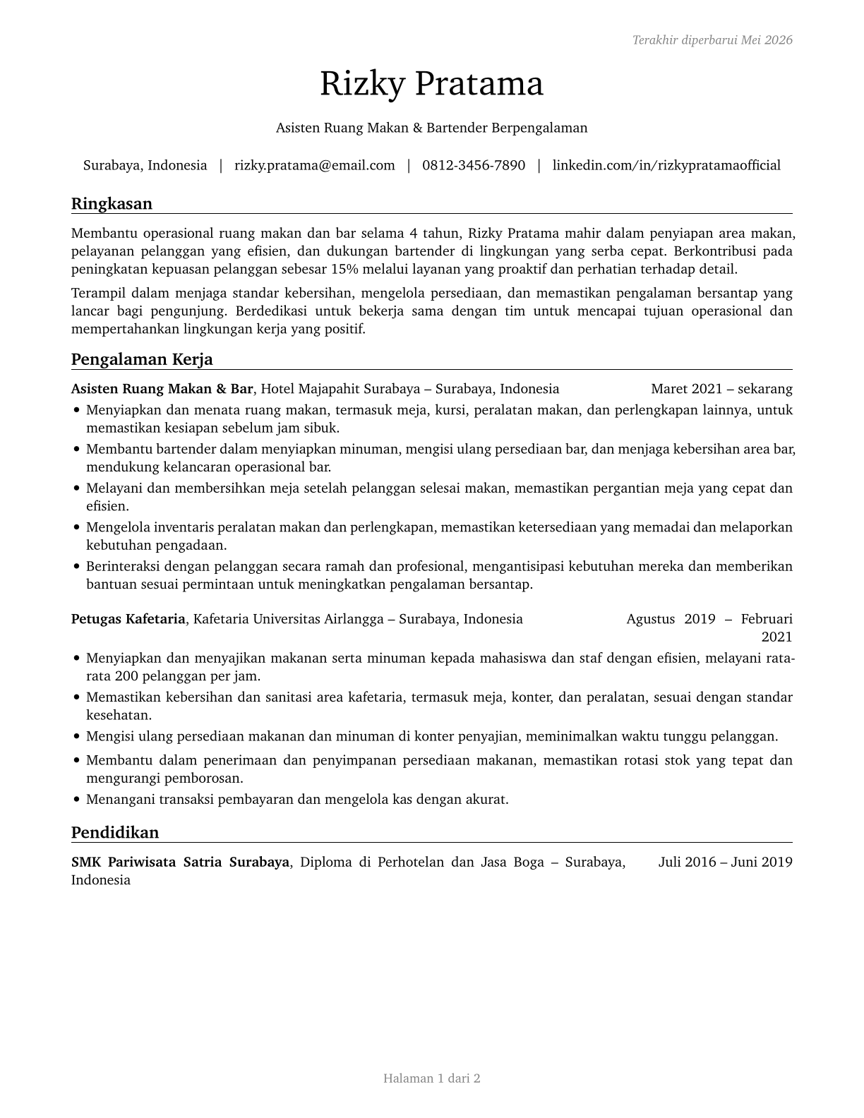 Dining Room and Cafeteria Attendants and Bartender Helpers CV in Indonesian — page 1
