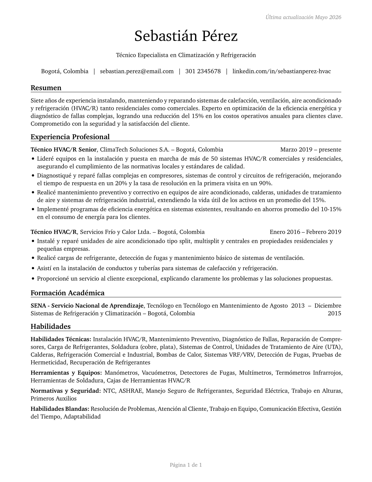 Heating, Air Conditioning, and Refrigeration Mechanics and Installers CV in Spanish — page 1