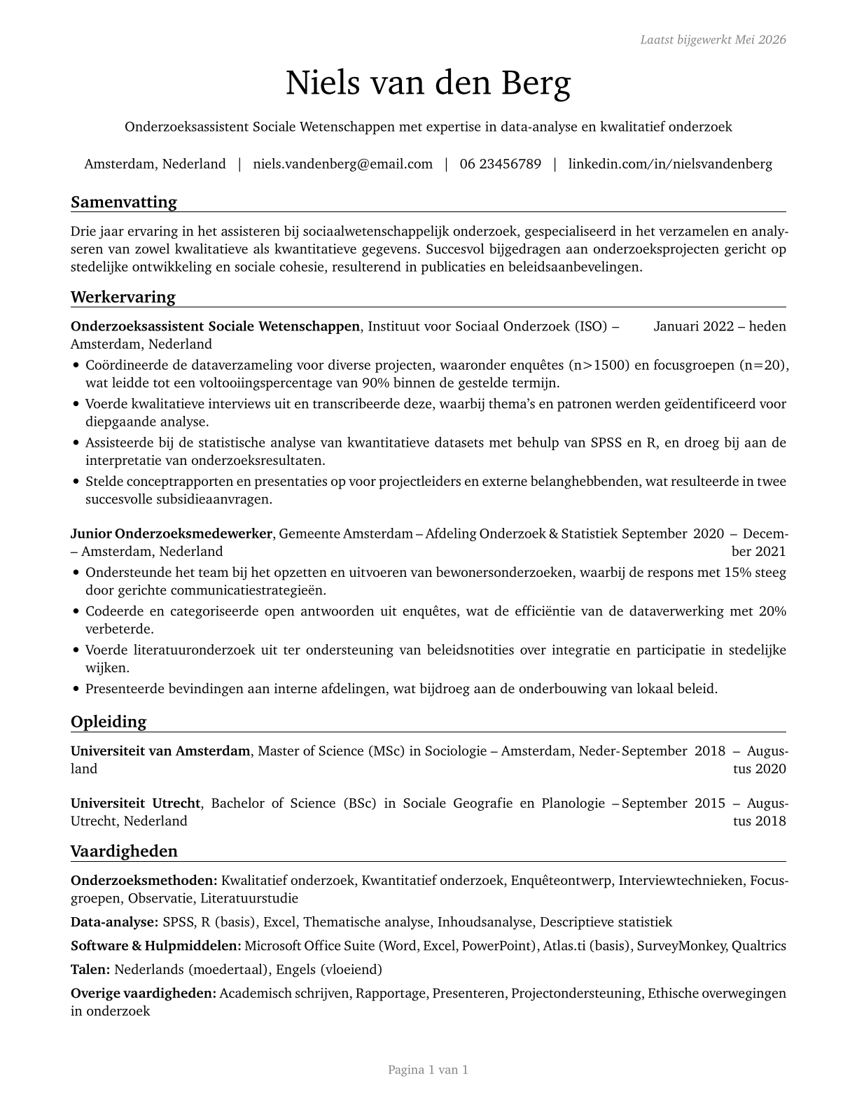 Social Science Research Assistants CV in Dutch — page 1