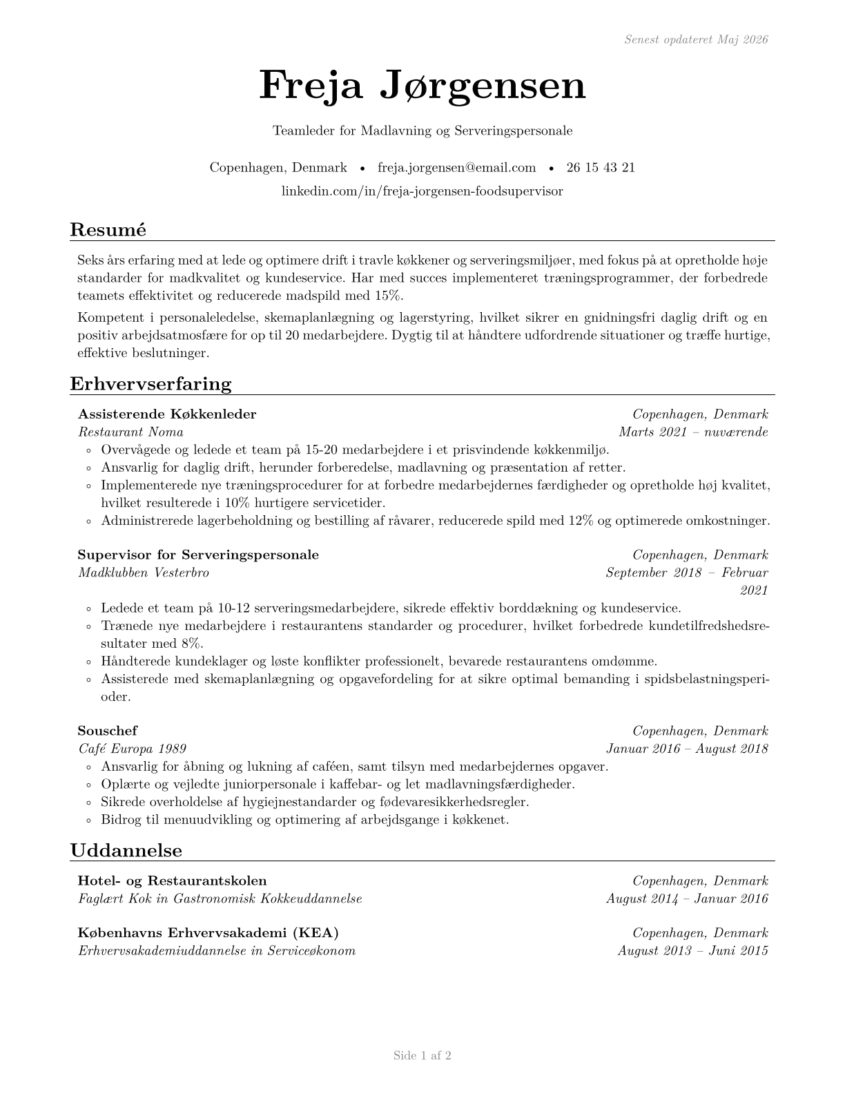 First-Line Supervisors of Food Preparation and Serving Workers CV in Danish — page 1