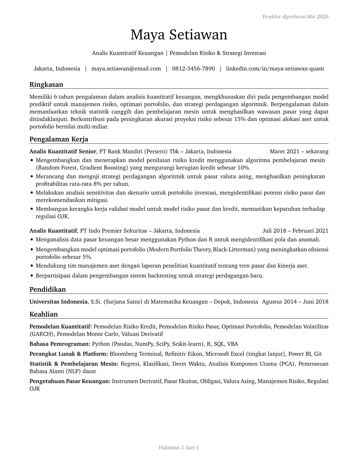 Financial Quantitative Analysts CV in Indonesian — page 1