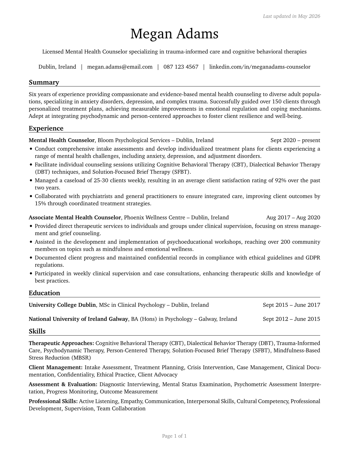 Mental Health Counselors CV in English — page 1