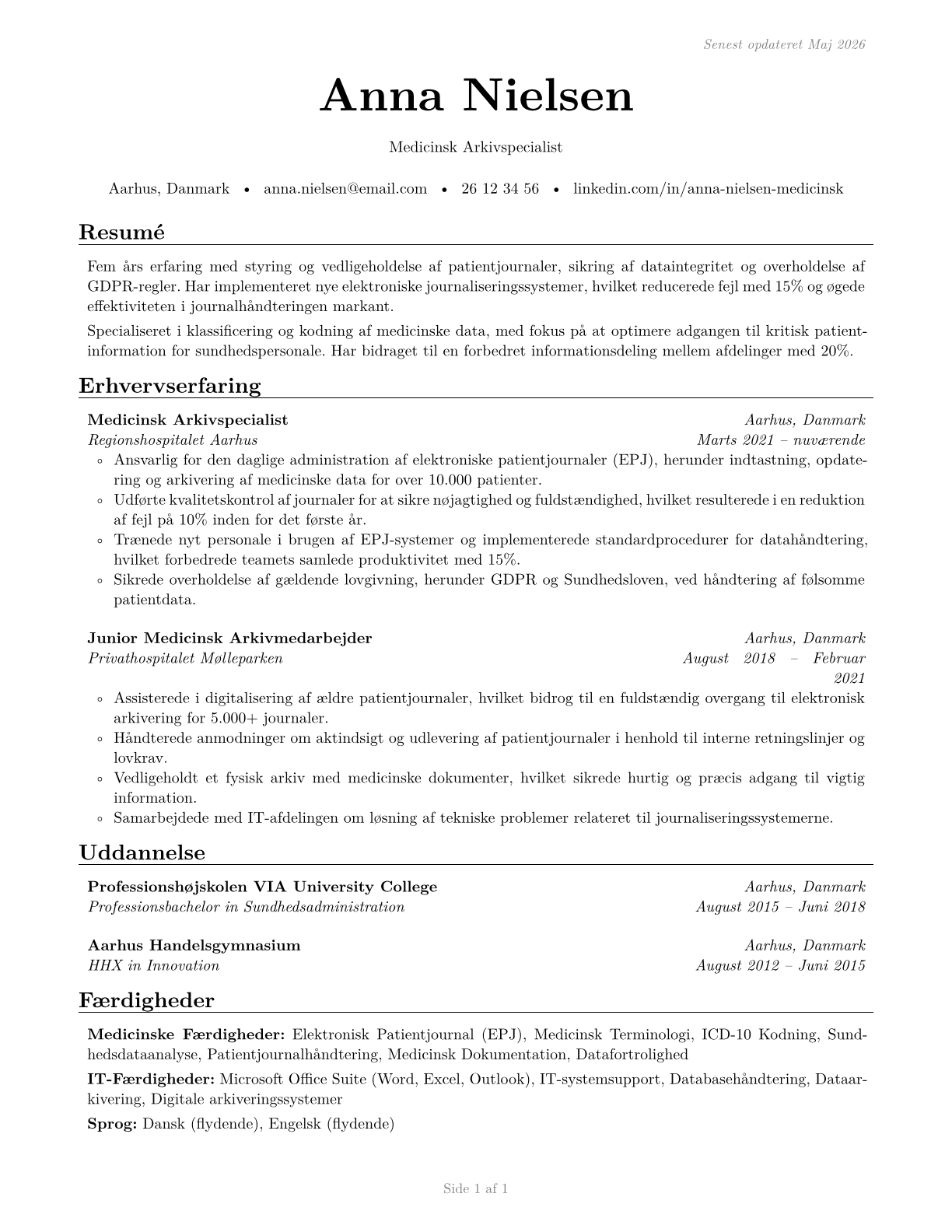 Medical Records Specialists CV in Danish — page 1