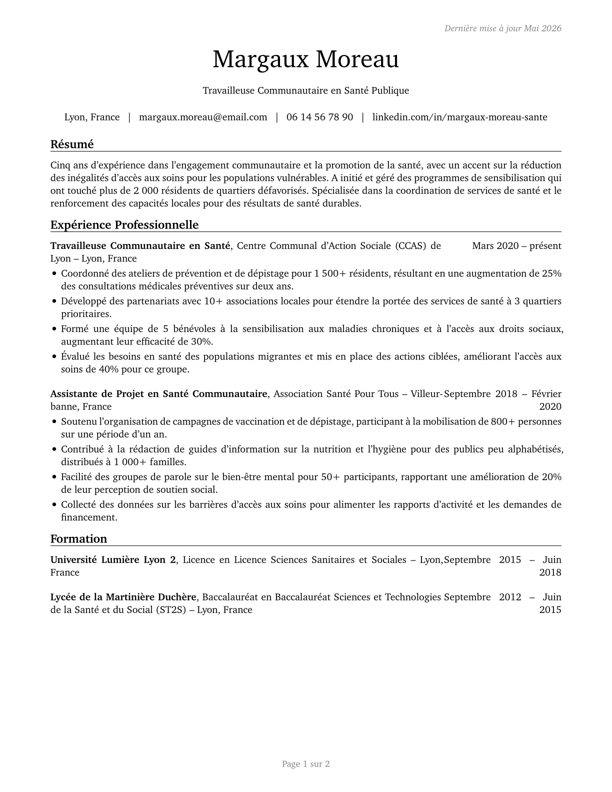 Community Health Workers CV in French — page 1