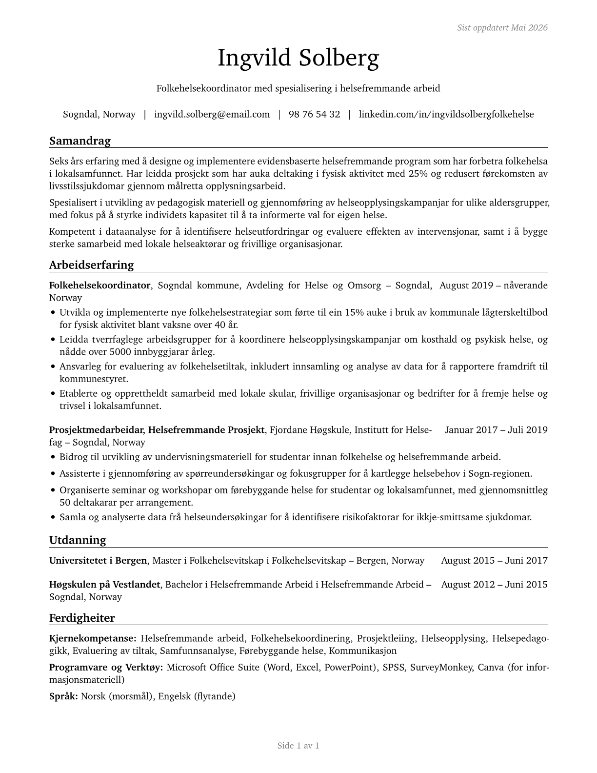 Health Education Specialists CV in Norwegian_nynorsk — page 1