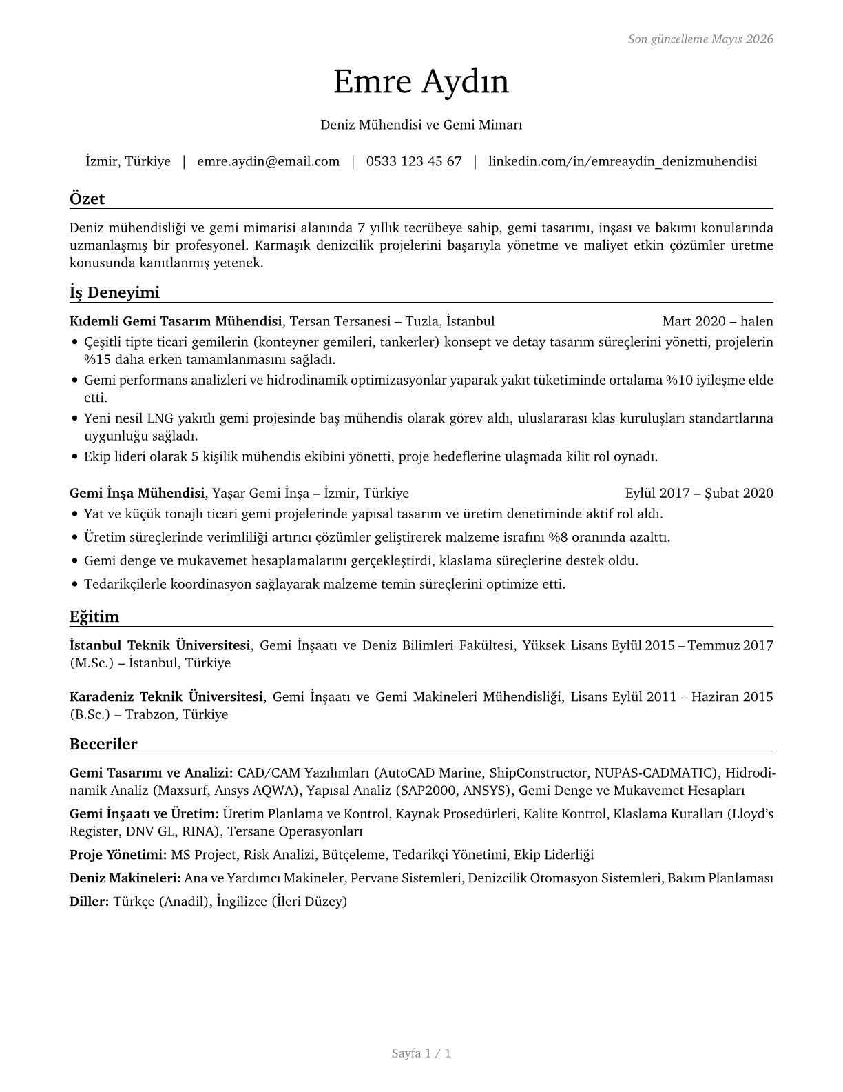 Marine Engineers and Naval Architects CV in Turkish — page 1