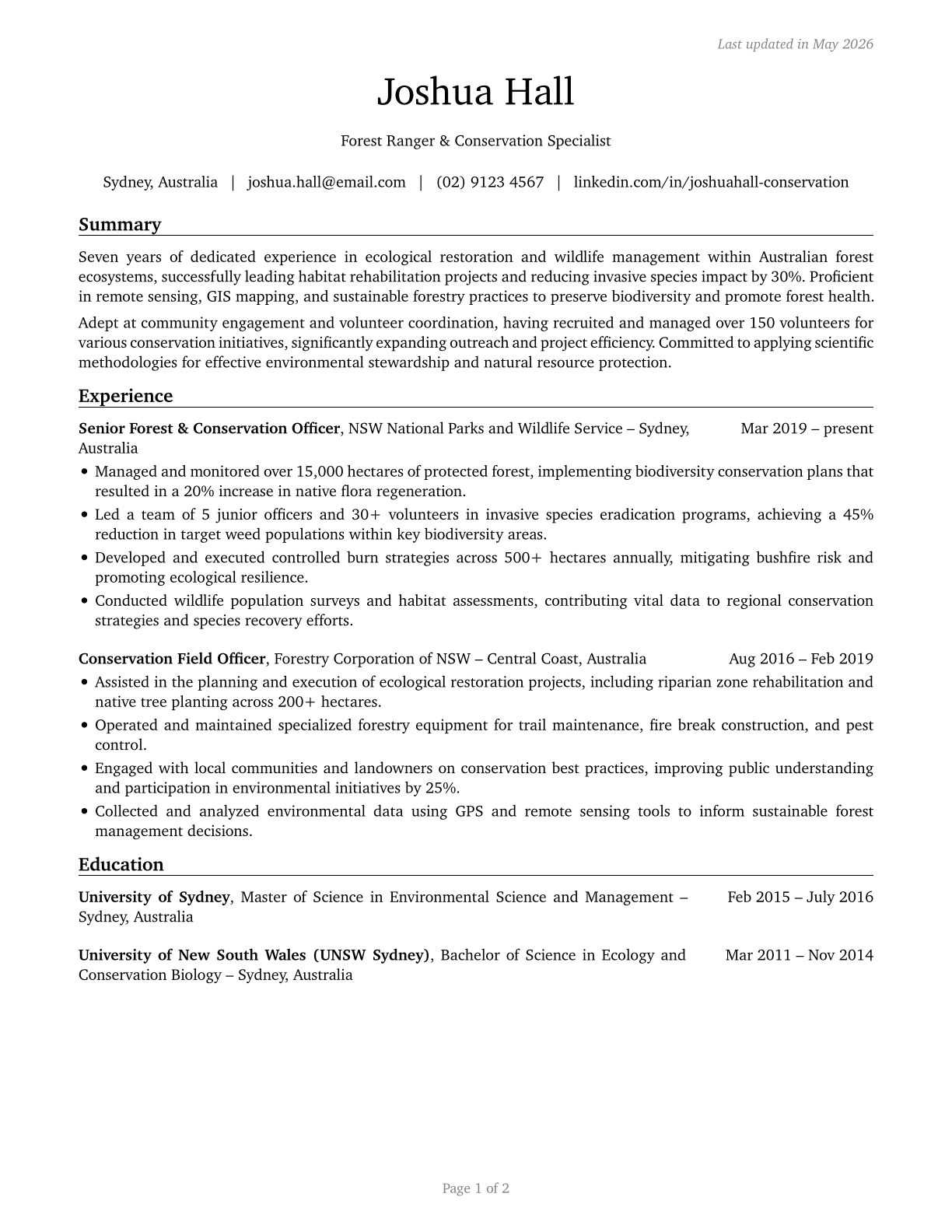 Forest and Conservation Workers CV in English — page 1