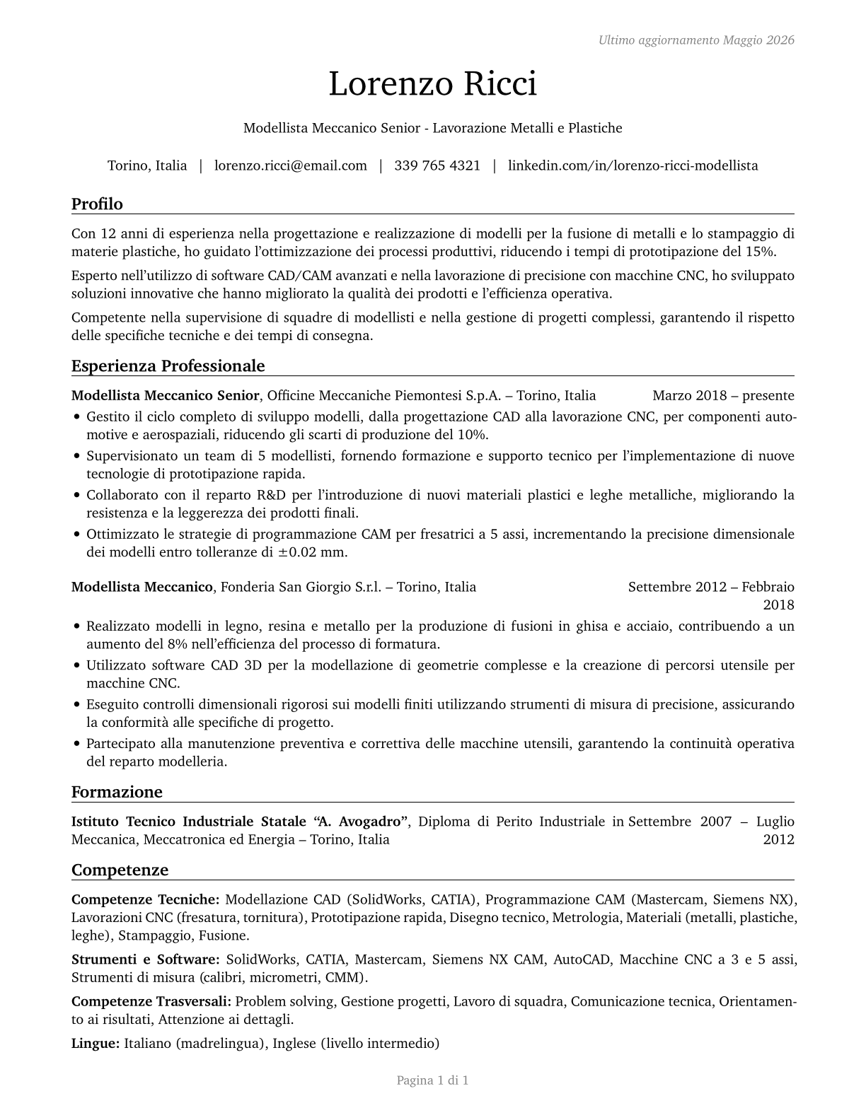 Patternmakers, Metal and Plastic CV in Italian — page 1