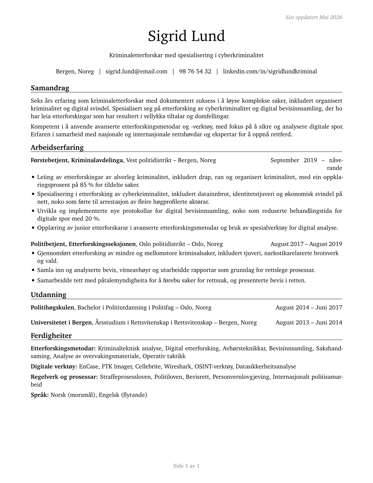 Detectives and Criminal Investigators CV in Norwegian_nynorsk — page 1