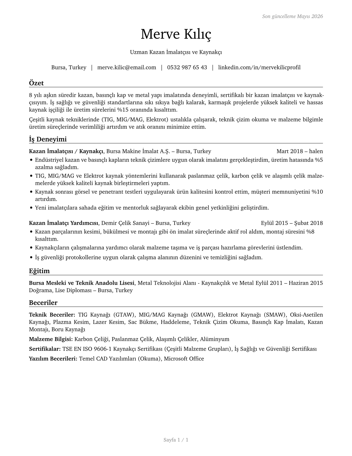 Boilermakers CV in Turkish — page 1
