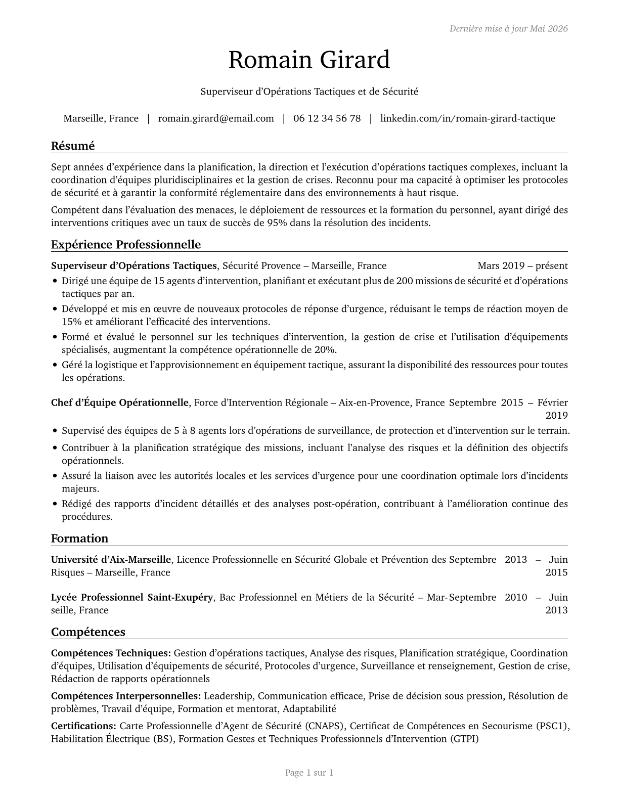 First-Line Supervisors of All Other Tactical Operations Specialists CV in French — page 1