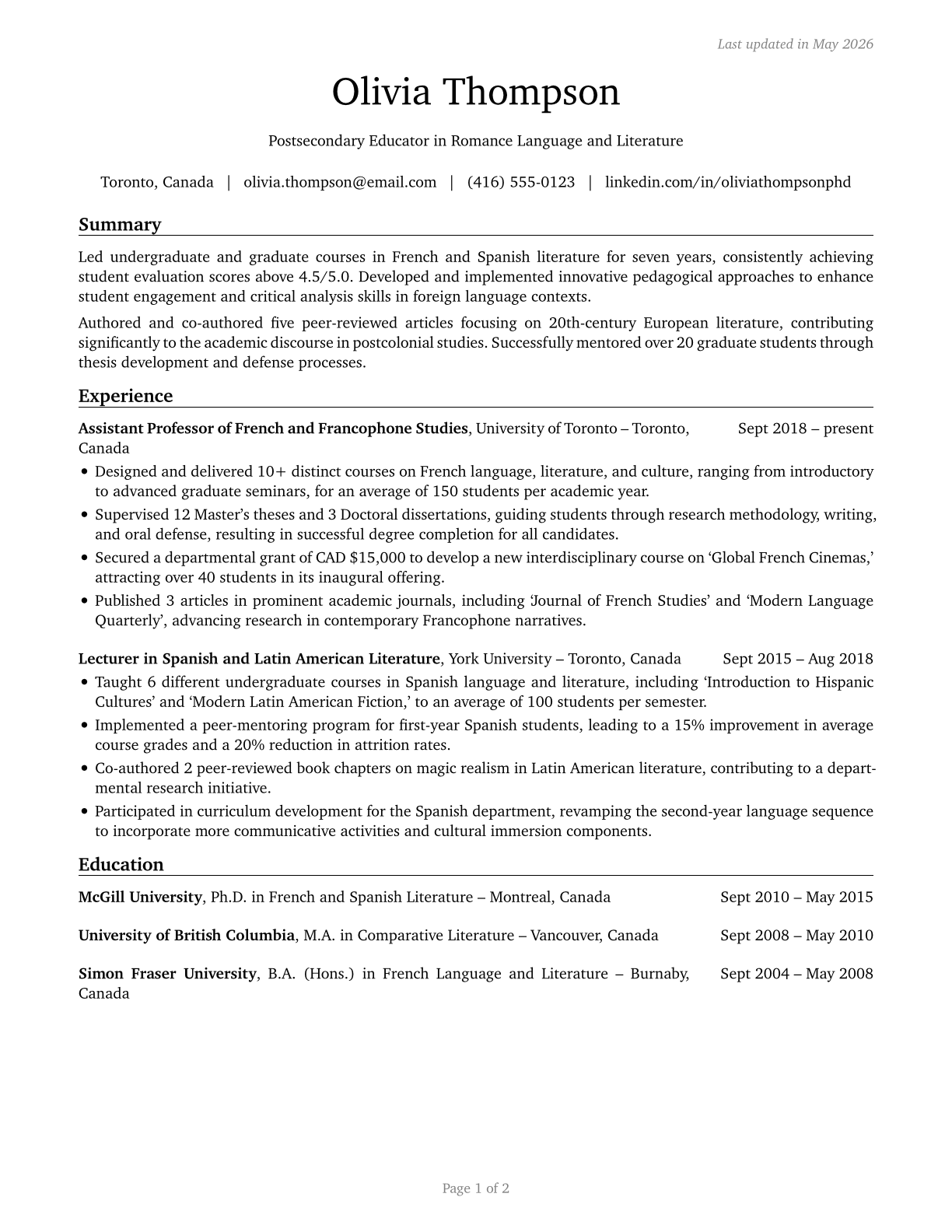 Foreign Language and Literature Teachers, Postsecondary CV in English — page 1